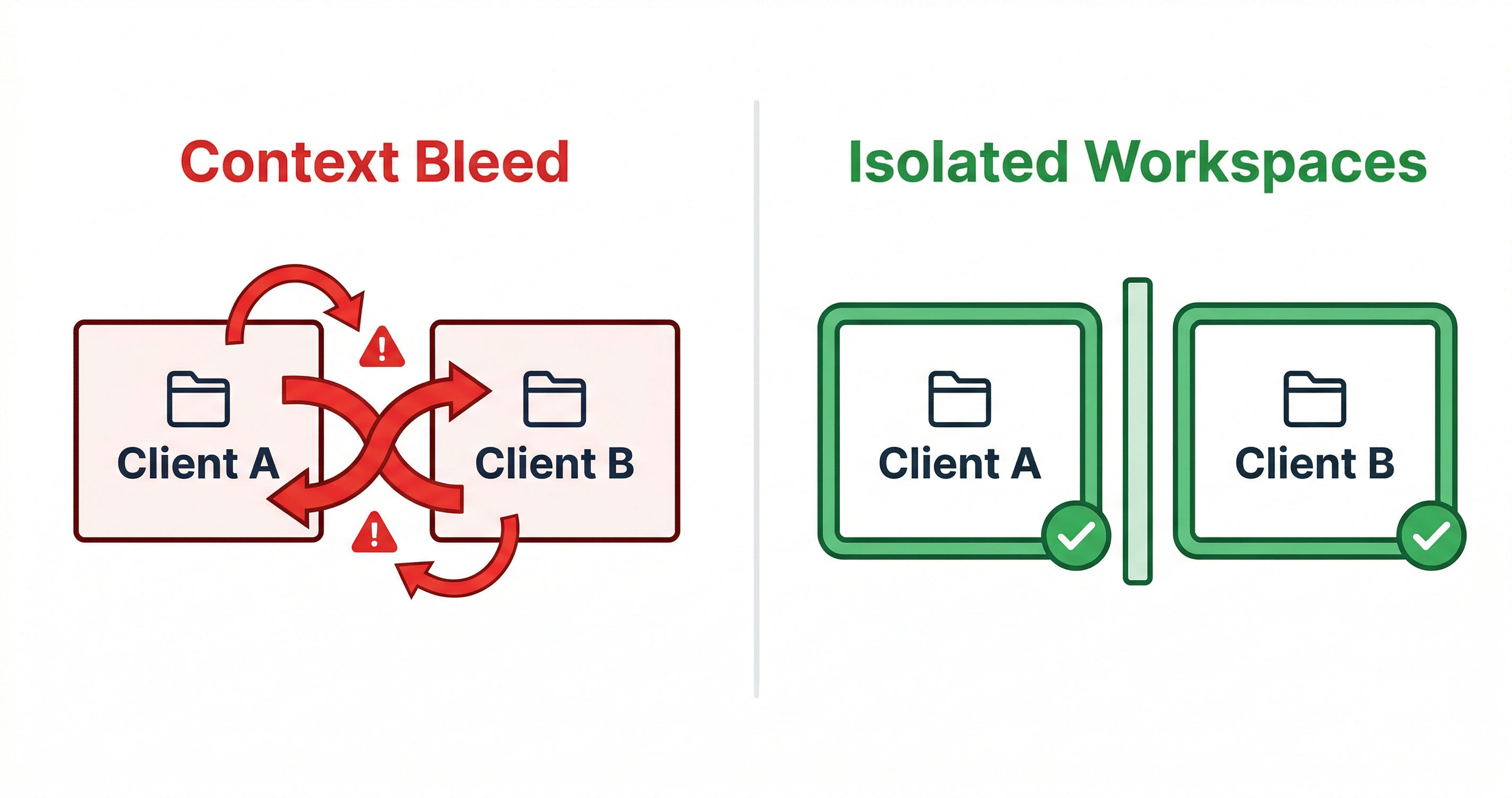 AI forgets context — diagram showing context bleed between Client A and Client B projects