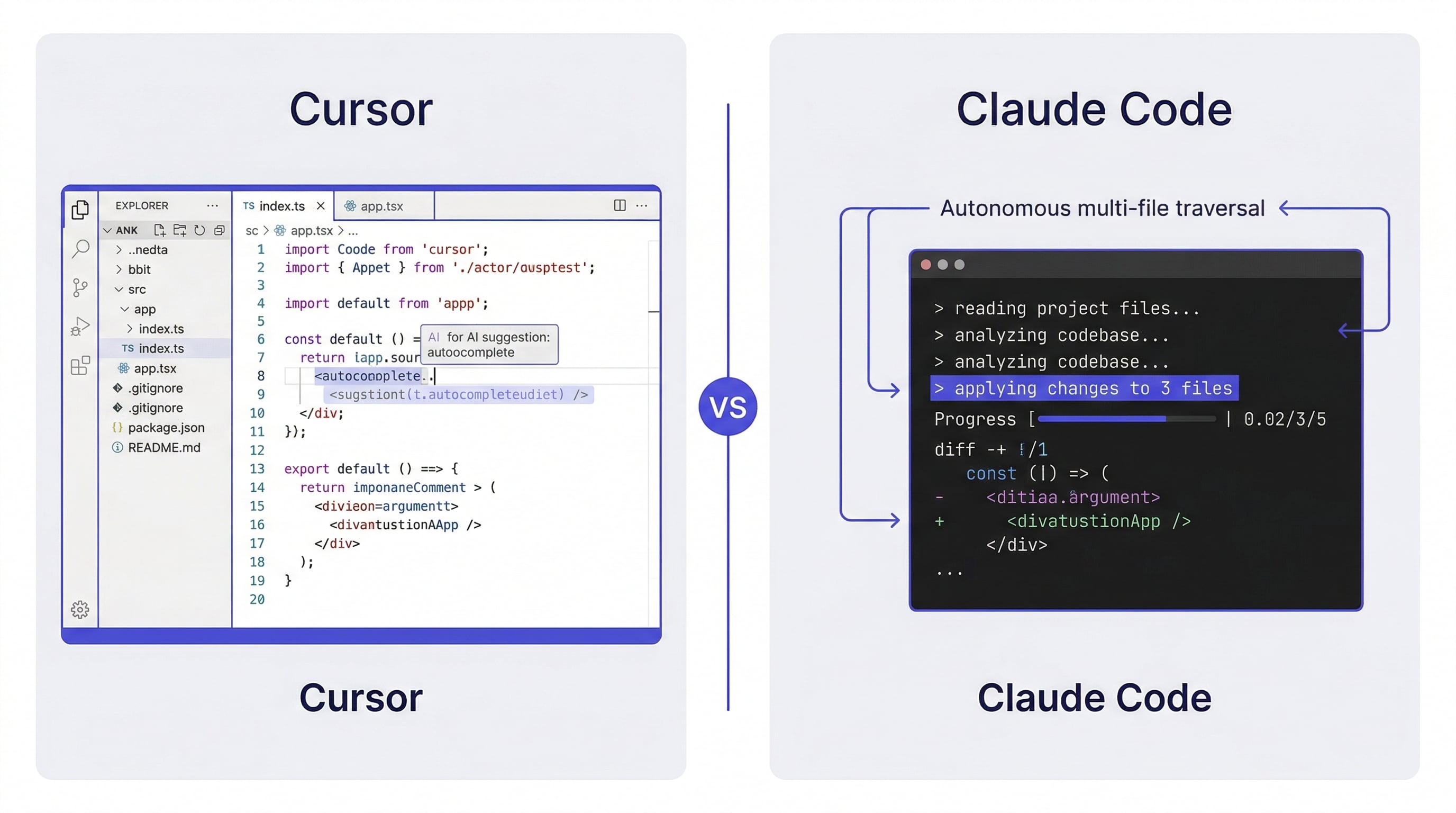 claude code vs cursor — split panel comparing Cursor as IDE with visual interface on left and Claude Code as terminal agent on right, flat design indigo color scheme white background