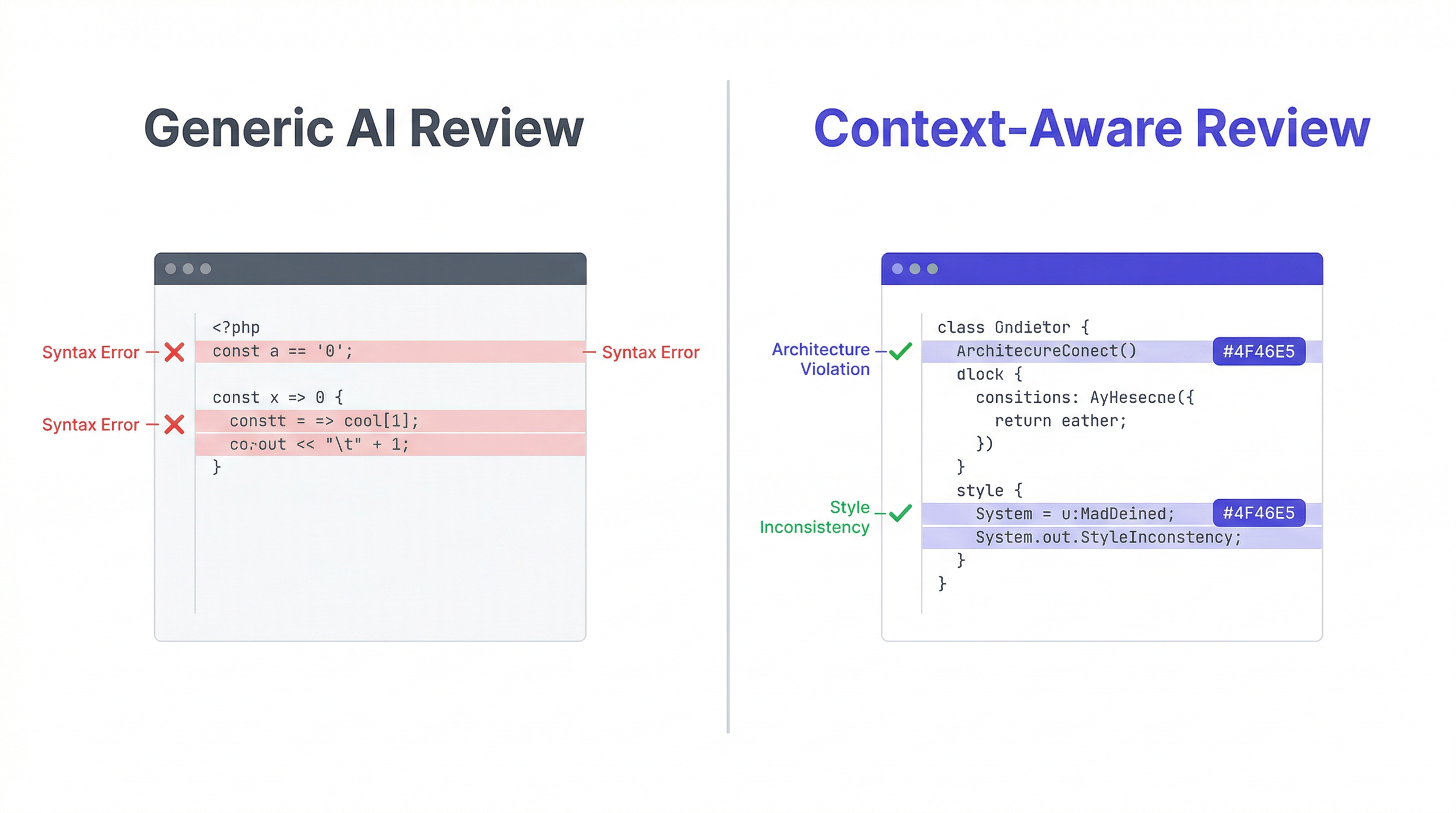 Claude Code review — generic syntax-only review vs context-aware architecture review comparison