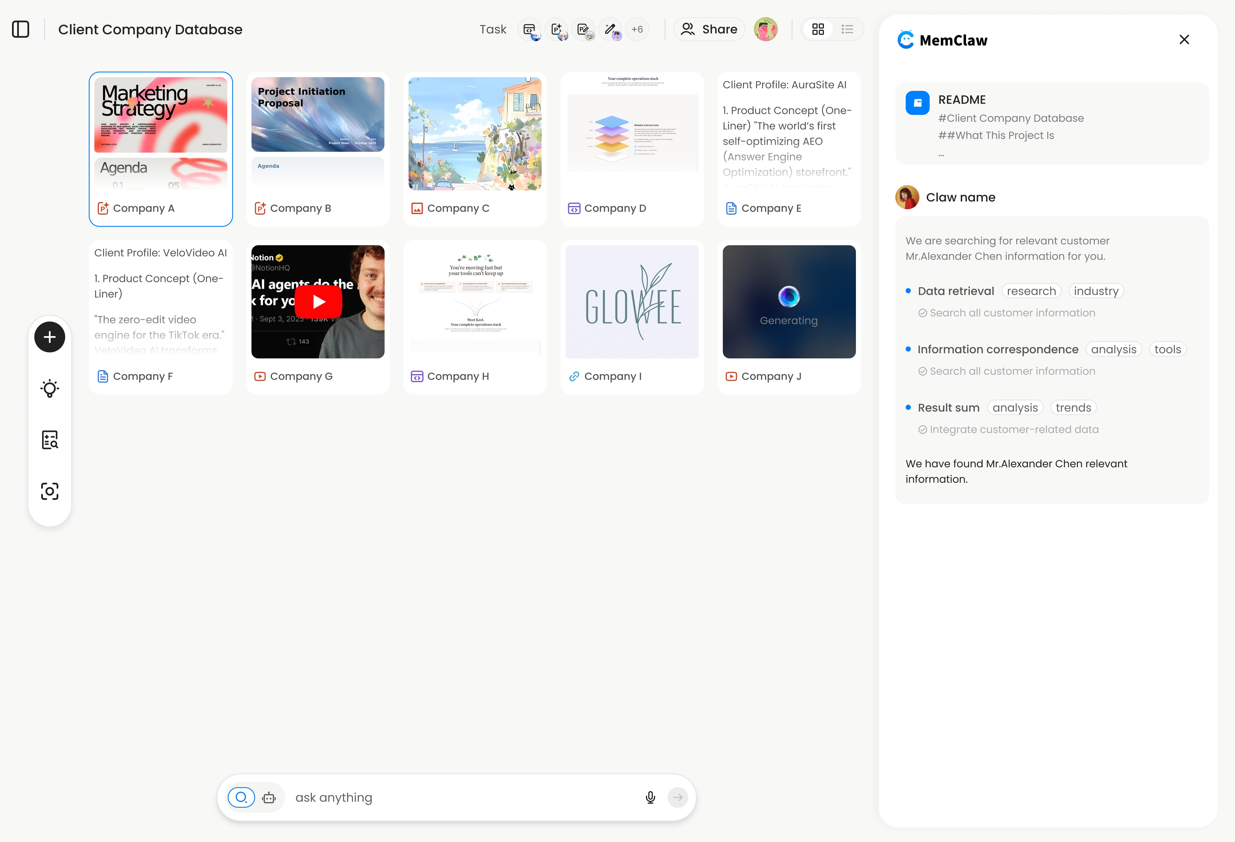 memclaw workspace — project context dashboard showing decisions, status, and artifacts in Claude Code session