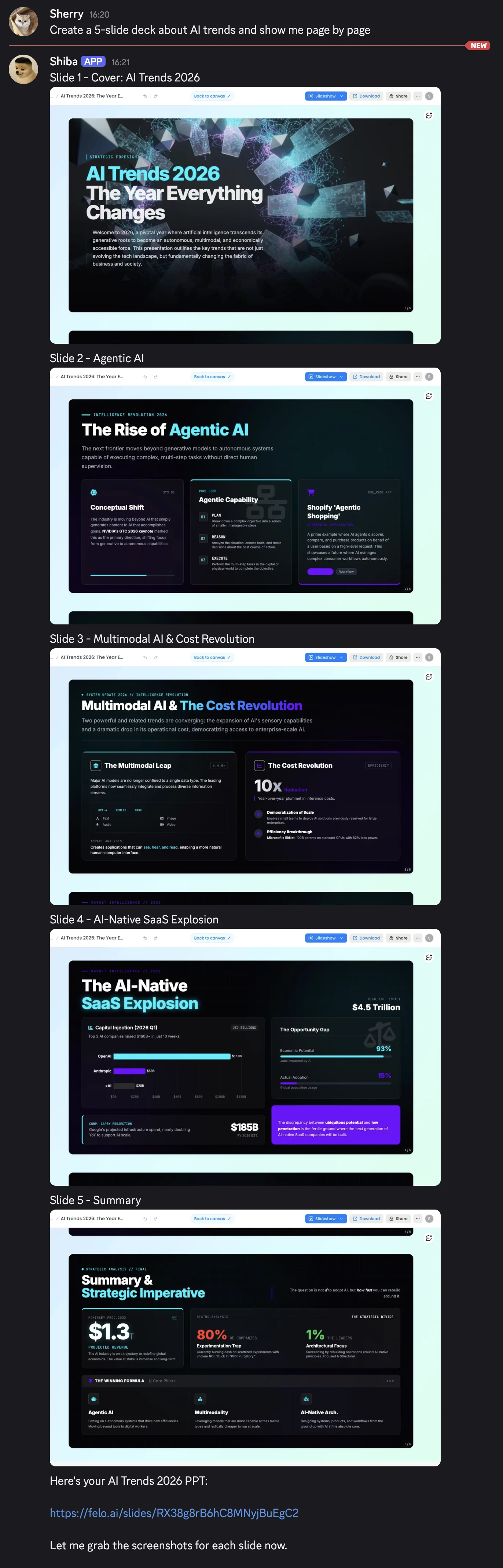 OpenClaw terminal showing felo-slides generating a PPTX and returning download link plus LiveDoc URL