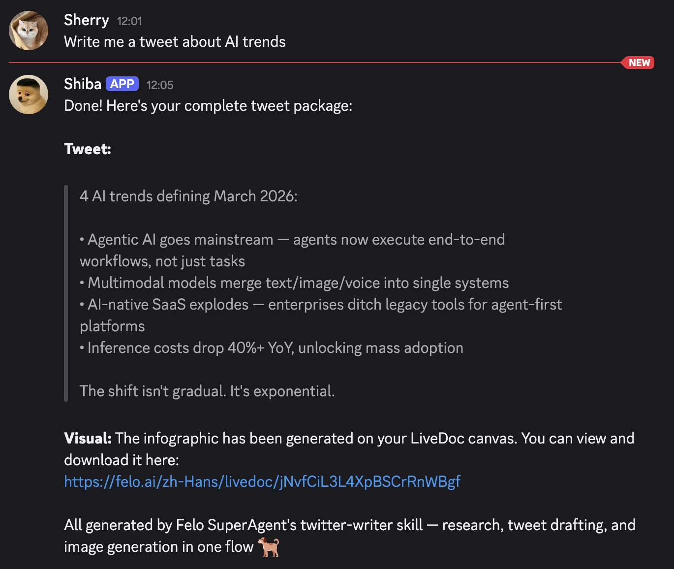 OpenClaw terminal showing felo-superAgent SSE streaming output with LiveDoc URL and tool results