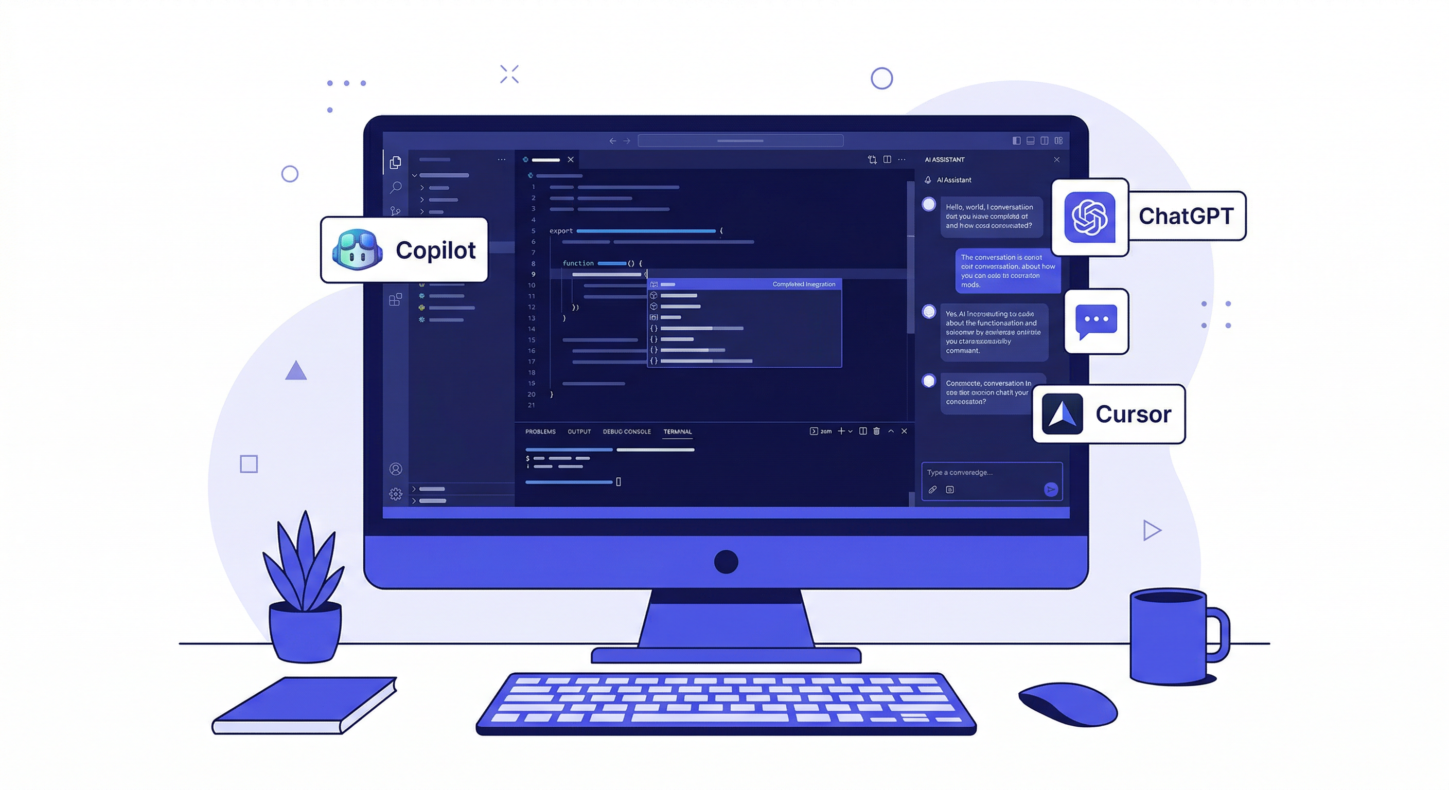 AI コーディング — developer workspace with multiple AI coding tools on screen, modern flat illustration style