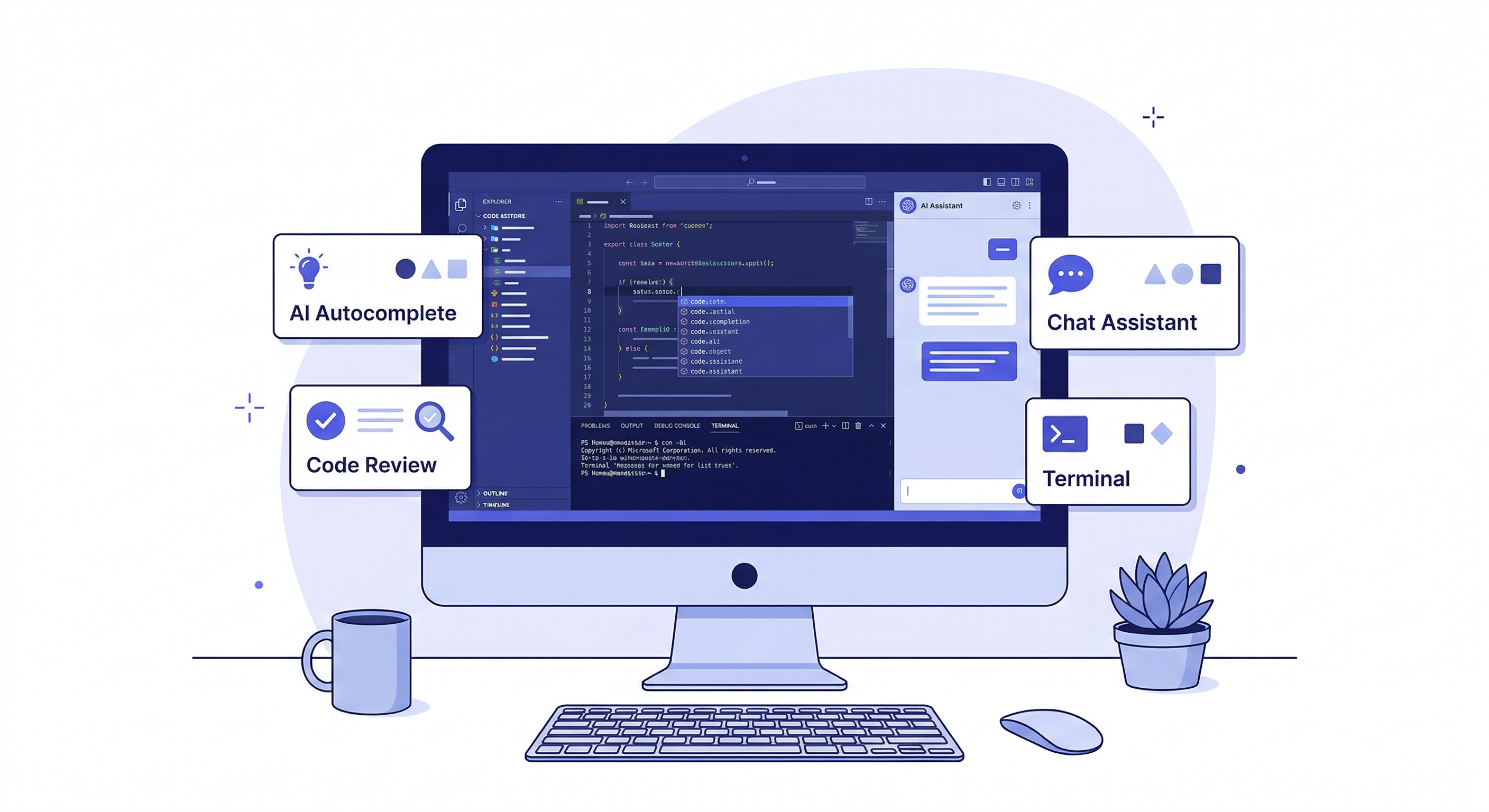 AI コーディング — developer workspace with multiple AI coding tools on screen, modern flat illustration style