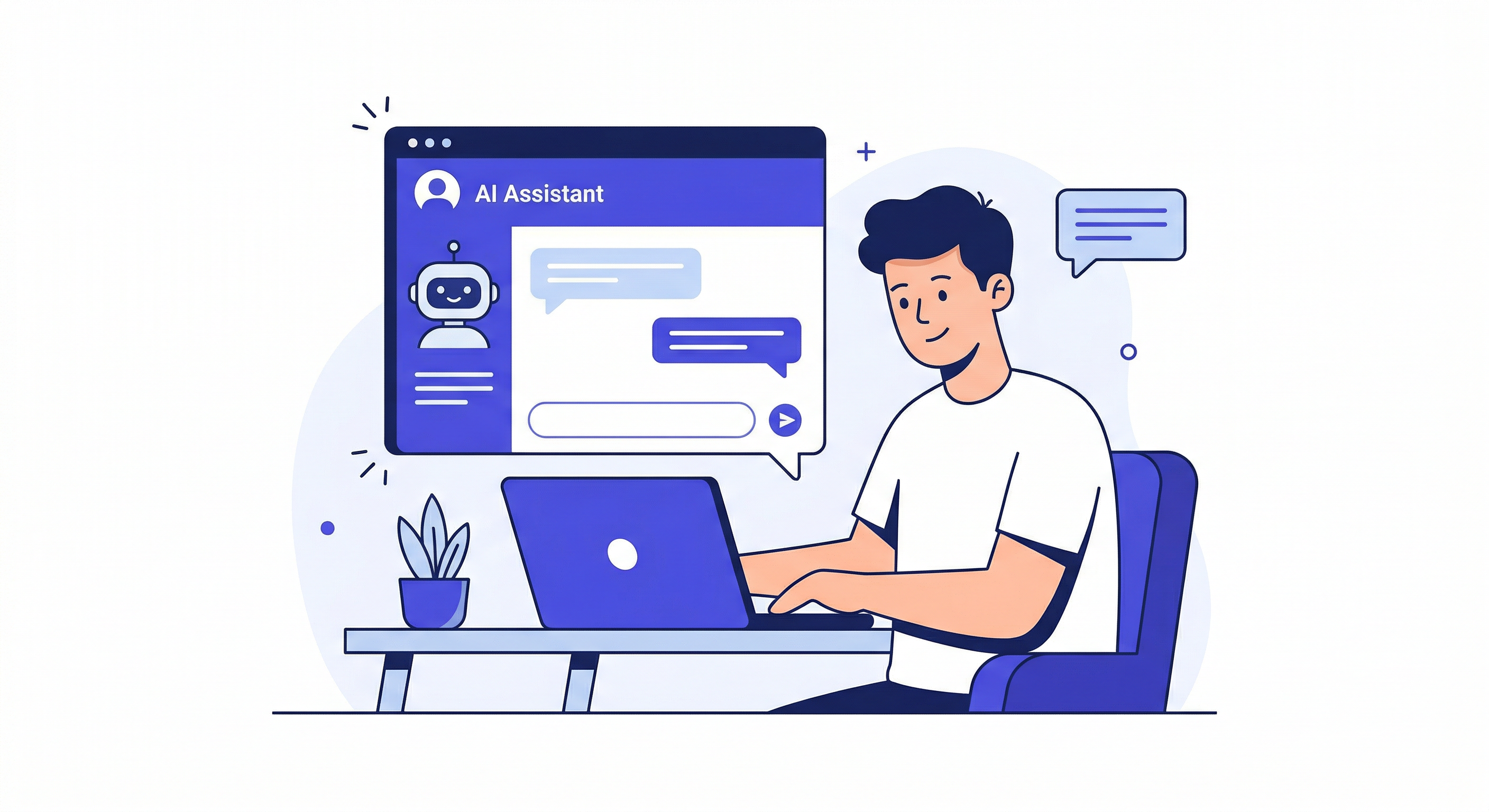 AI プログラミング入門 — beginner sitting at laptop with AI assistant interface, friendly modern flat illustration, warm blue and white tones