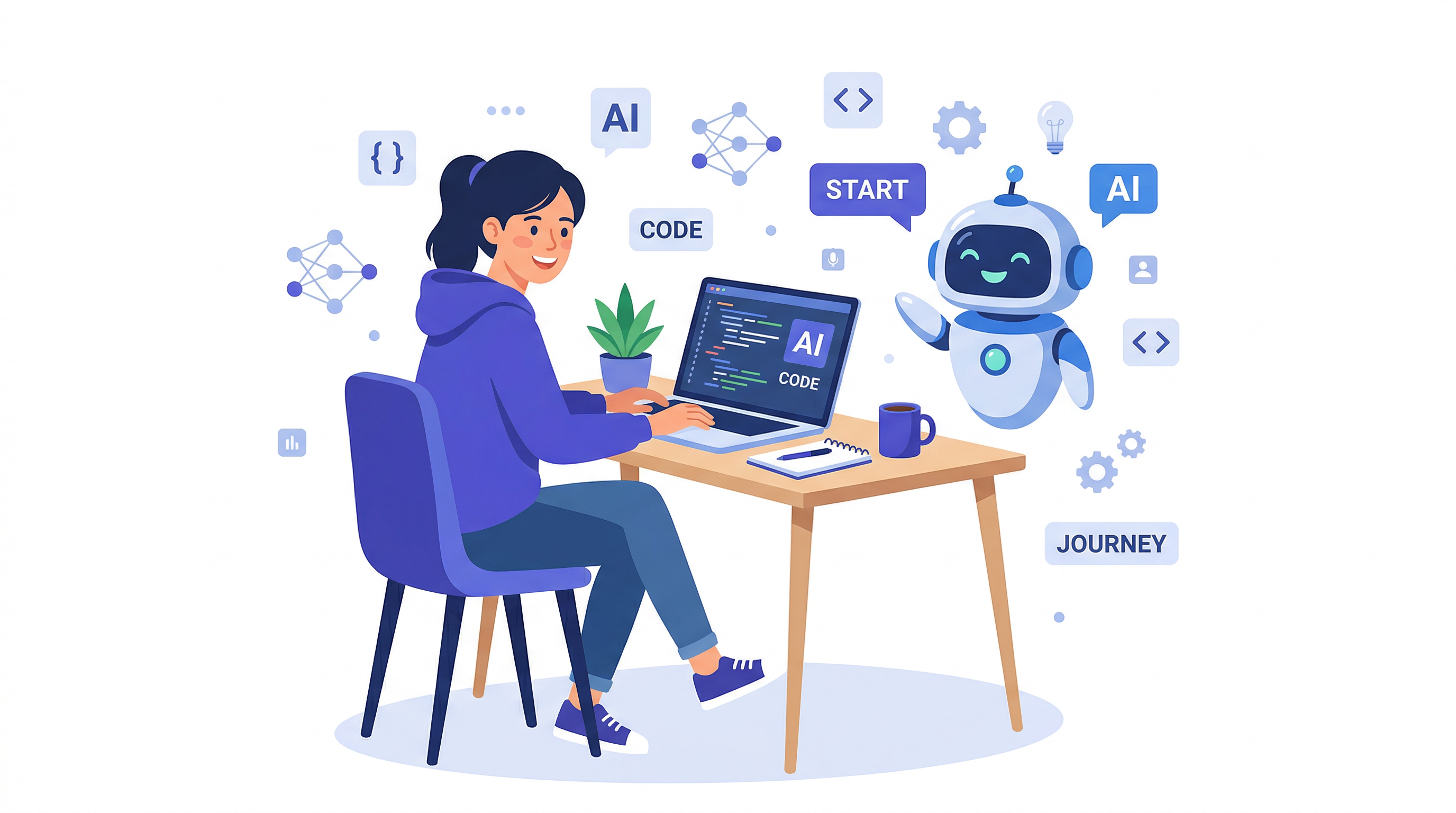 AI プログラミングを始める — person taking first step into coding with AI assistant by their side, optimistic modern illustration