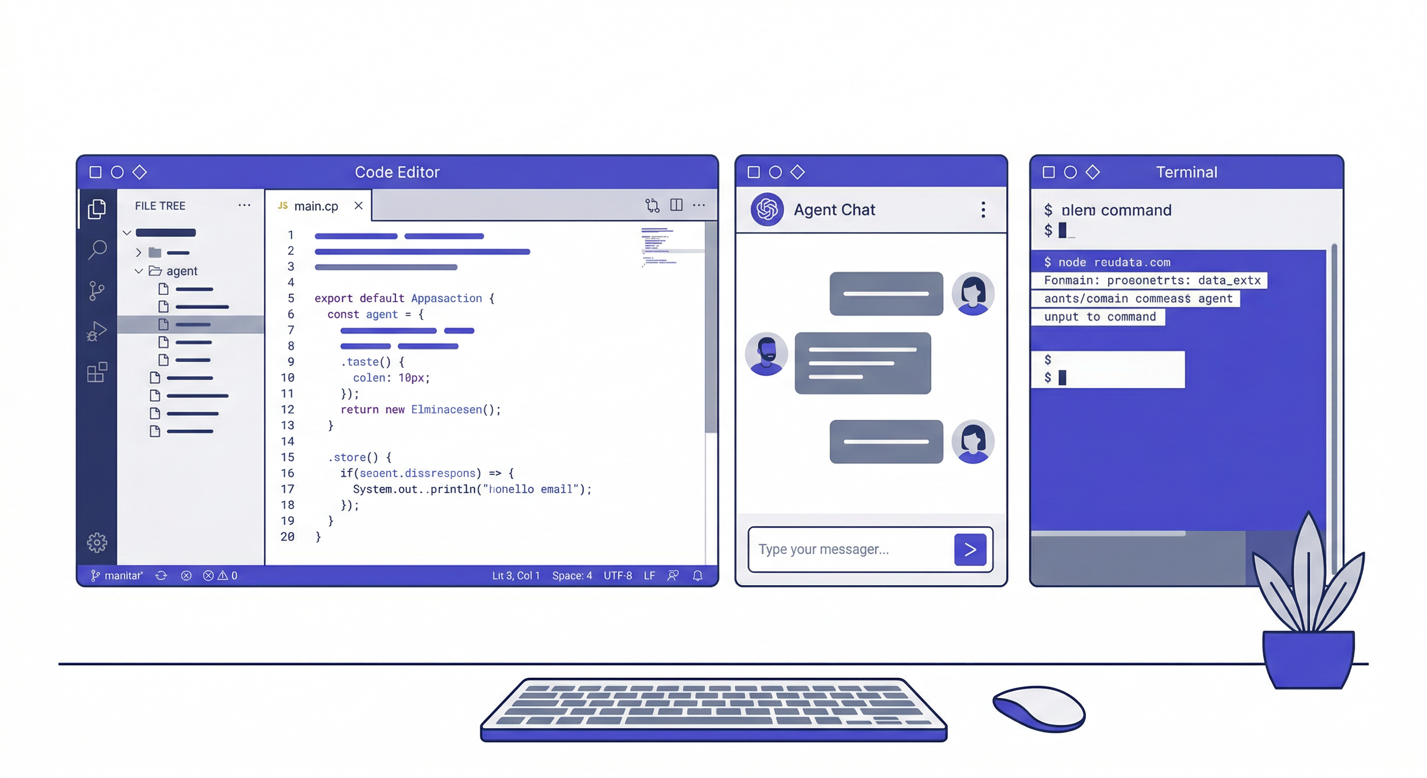 コーディングエージェント比較 — multiple coding agent interfaces side by side on a developer desk, modern flat illustration
