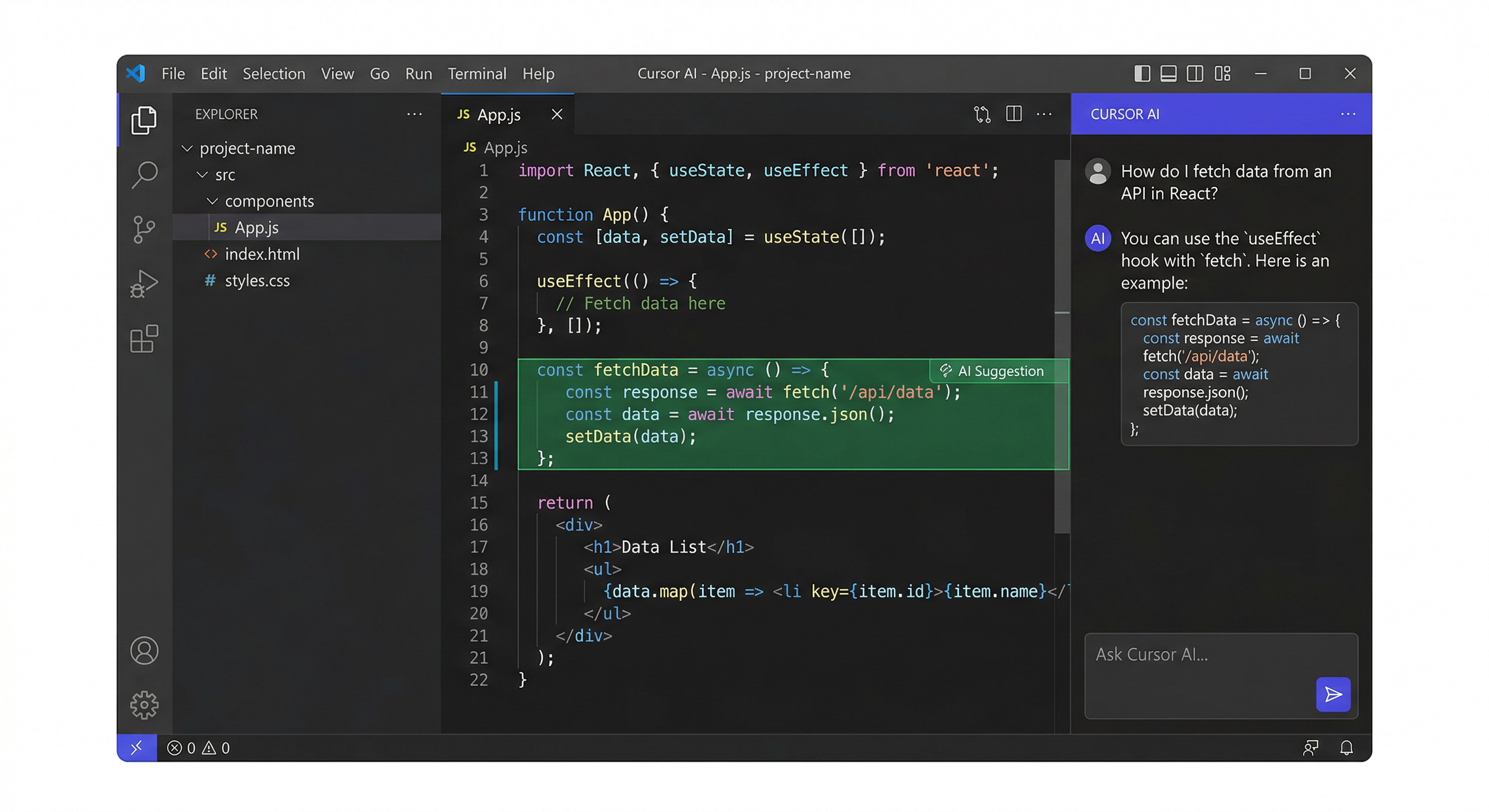 Cursor AI エディタ — modern code editor interface with AI chat panel and inline code suggestions