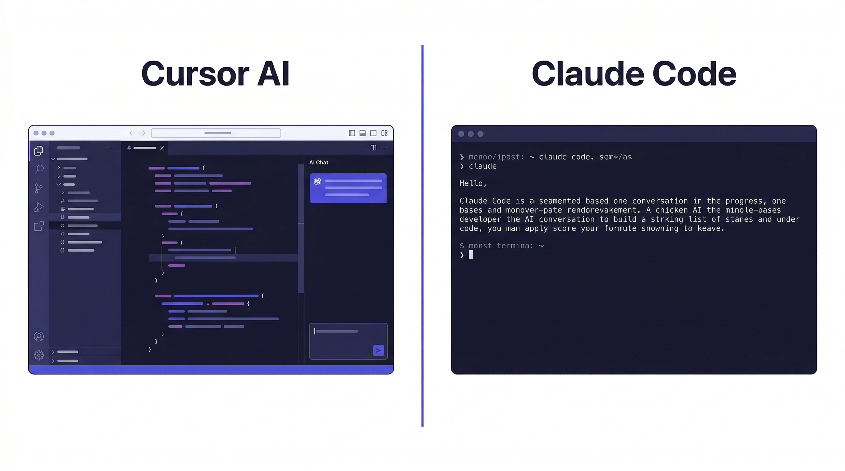Cursor vs Claude Code — comparison diagram showing GUI editor vs terminal-based agent approaches