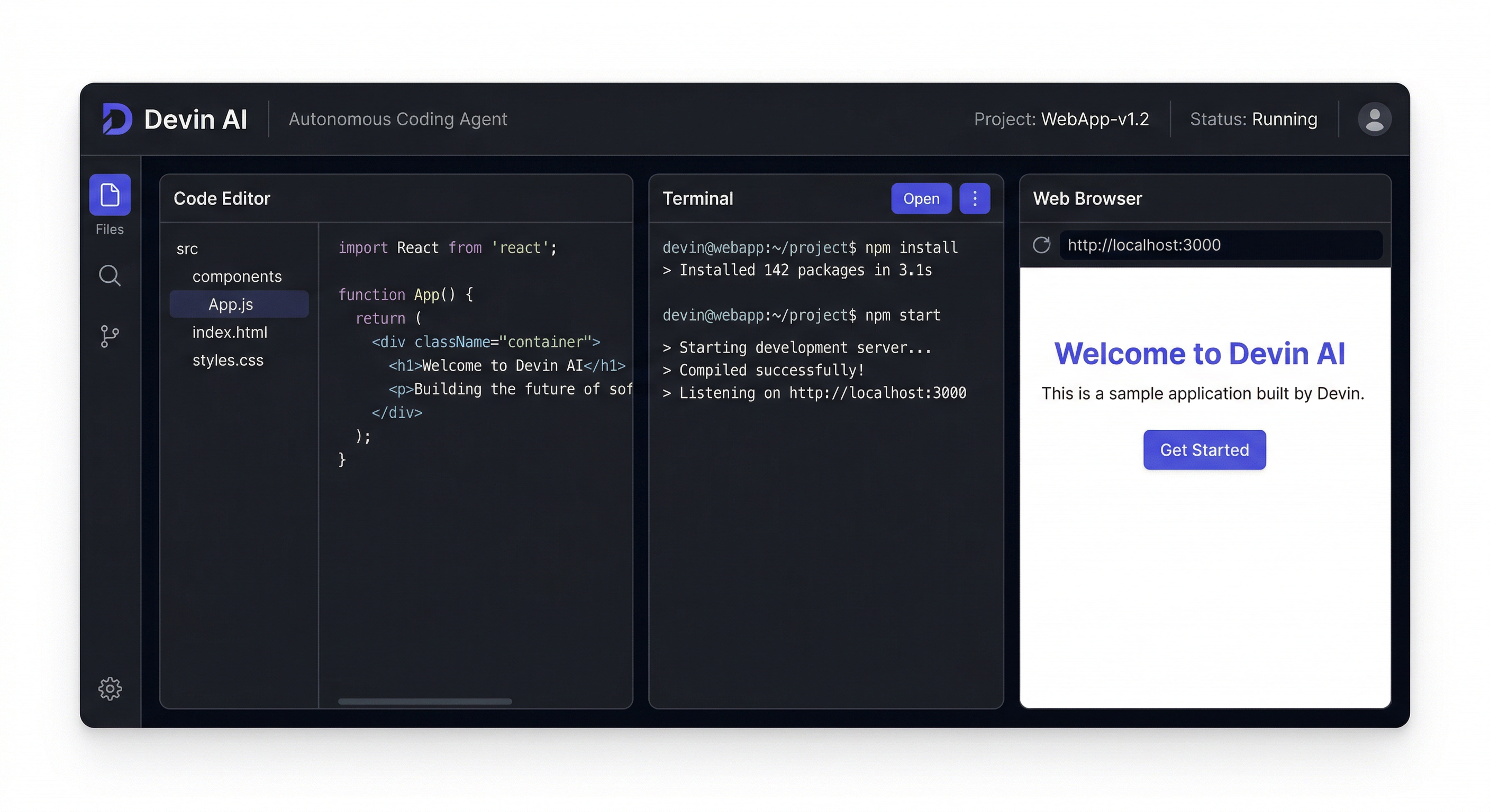Devin AI autonomous coding agent — browser-based development environment showing code editor, terminal, and browser side by side