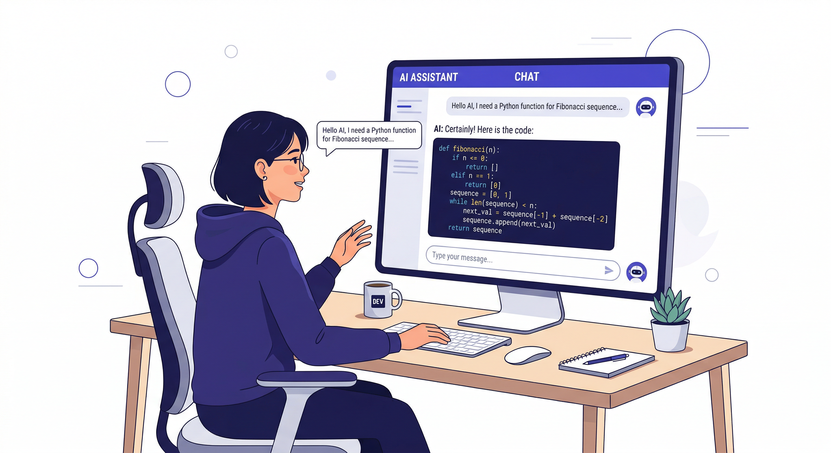 バイブコーディング — A developer conversing with an AI assistant on screen, with code being generated automatically from natural language prompts in a modern workspace