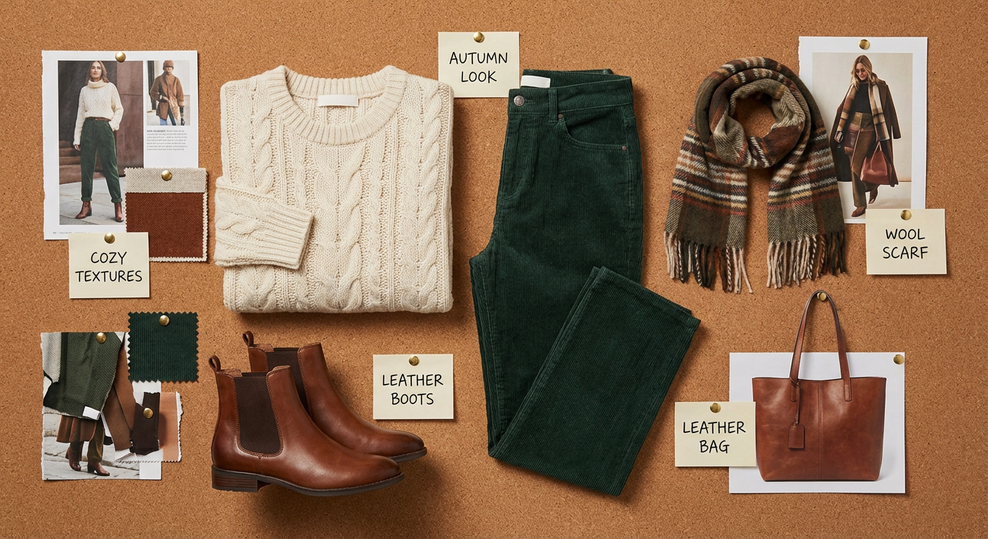 Create a fashion product collage on a brown corkboard based on this outfit.-(Regenerate).png