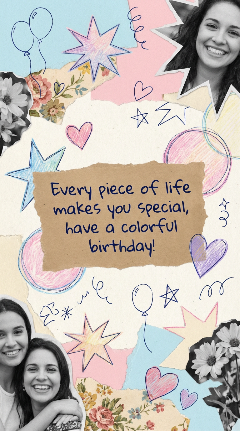 Create an artistic collage-style birthday card that combines paper textures, ripped edges, cut-out p.png