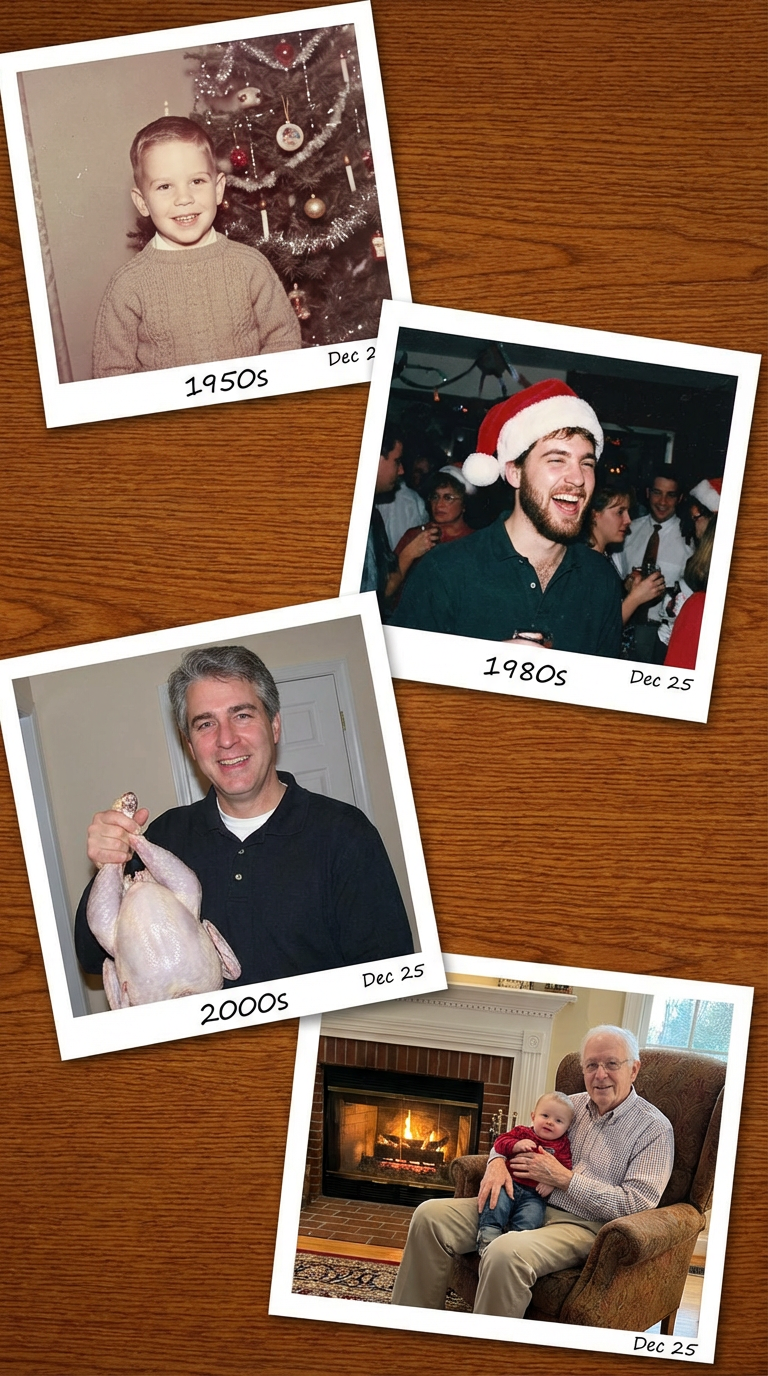 Generate the holiday photo of this person through the ages up to 80 years old-(Regenerate).png