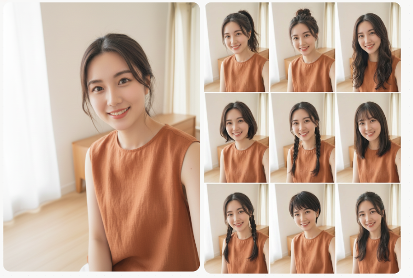 Please generate a nine-panel layout of this character’s avatar, each with a different hairstyle..png