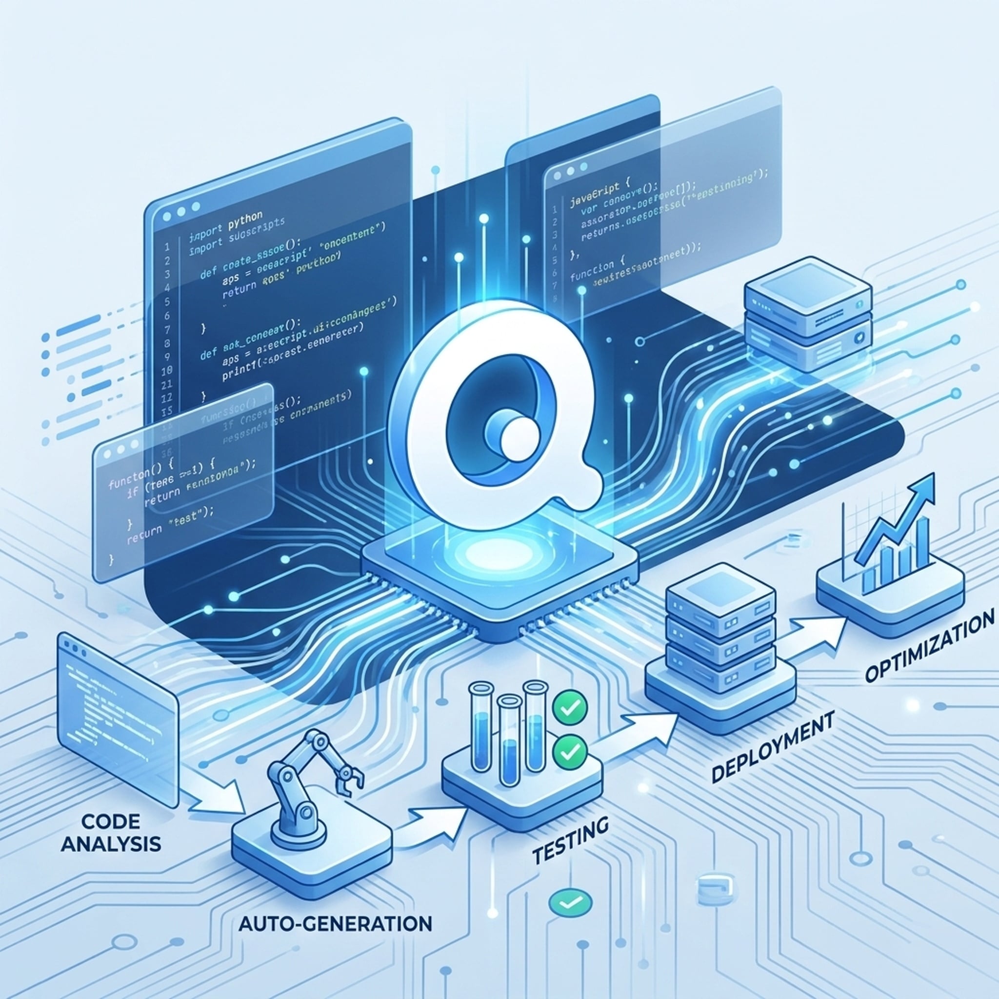 Ilustración conceptual de un agente de IA trabajando de forma autónoma en una base de código con herramientas e indicadores de flujo de trabajo
