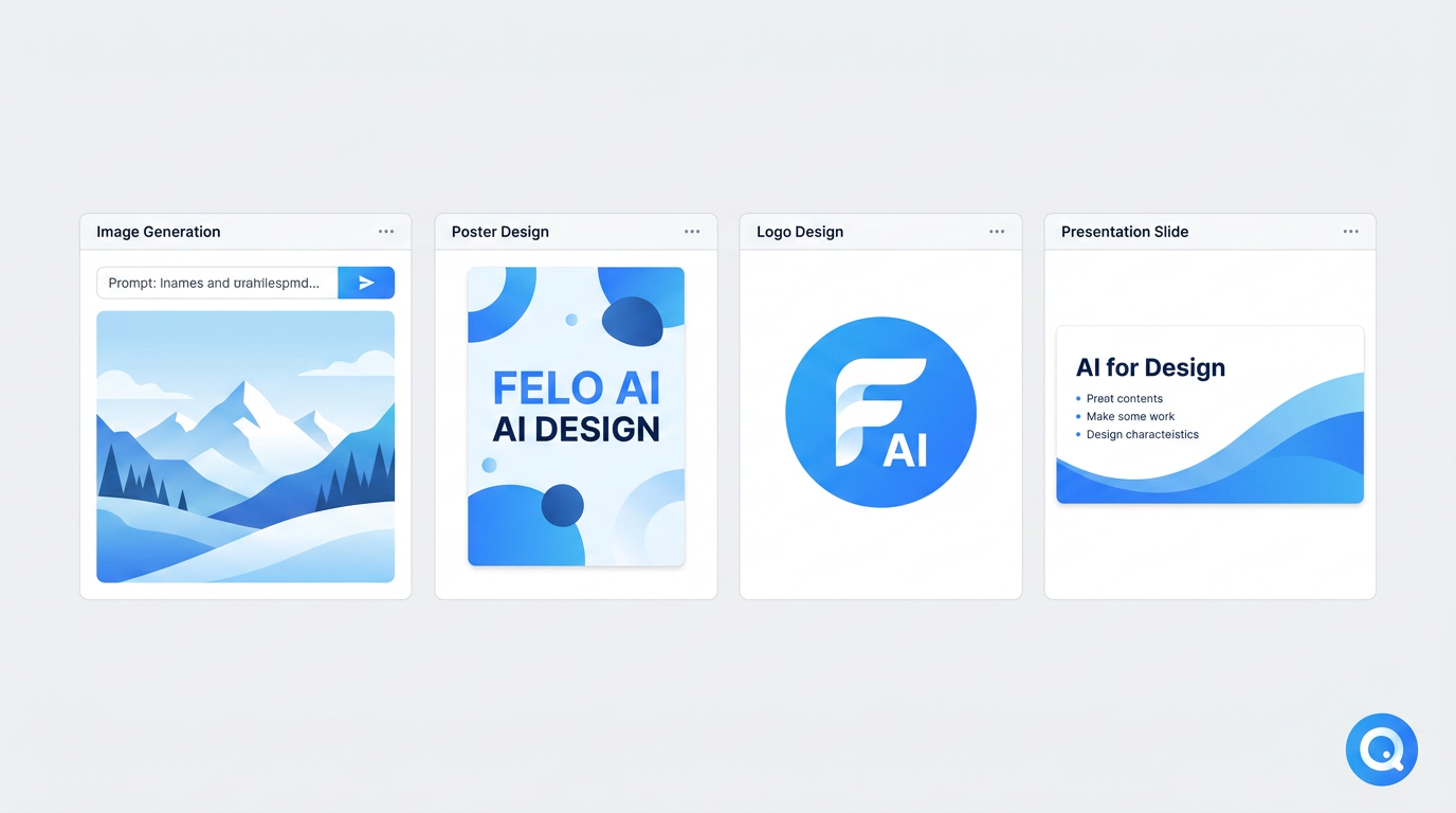workspace degli strumenti di design AI di Felo — generazione immagini, design di poster, loghi e diapositive