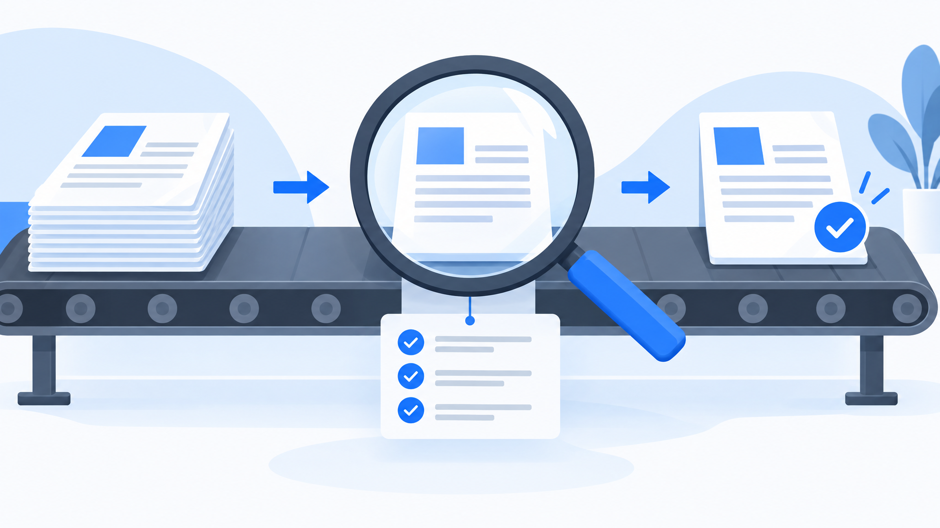 Cover: a conveyor belt depositing finished documents, with one passing under a magnifying glass and picking up checkmarked source lines