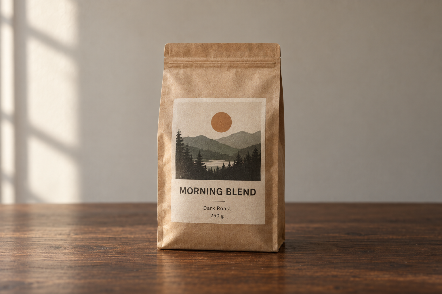 本ガイドの機能するプロンプト出力例：MORNING BLENDラベル付きクラフト紙コーヒーバッグ、ラベルテキストがきれいに描画