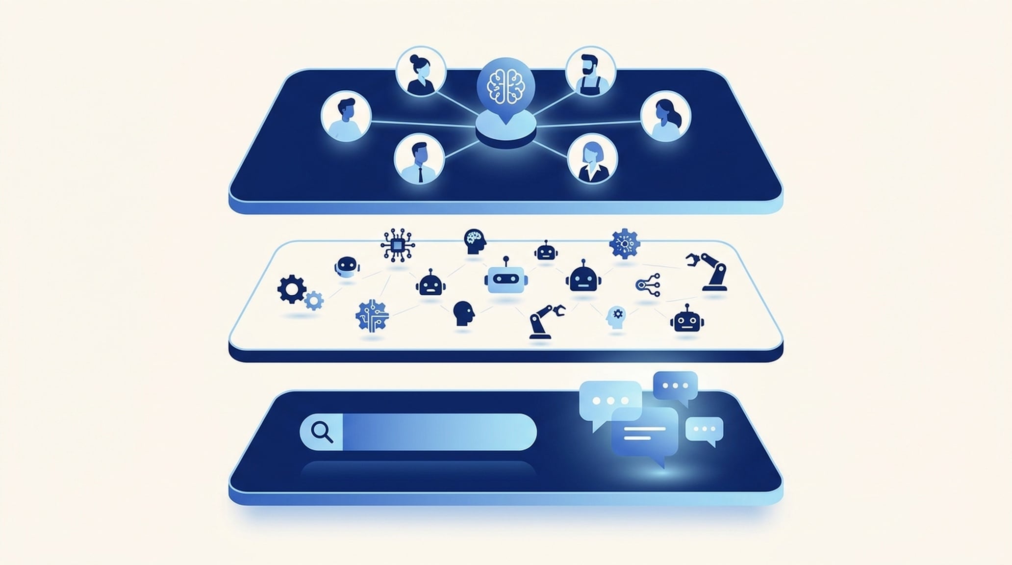 Three-lane illustration for AI tools for small business: subscribe, buy, or build