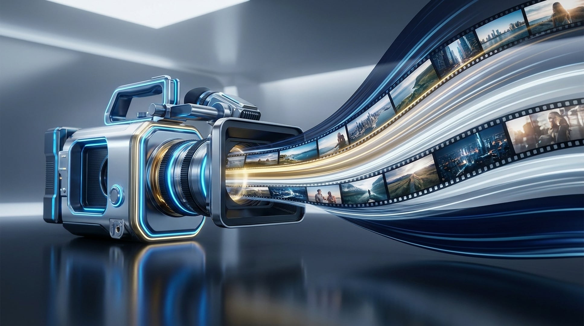 Felo AI Video Generator cover: a flowing luminous film emerging from a cinema camera viewfinder