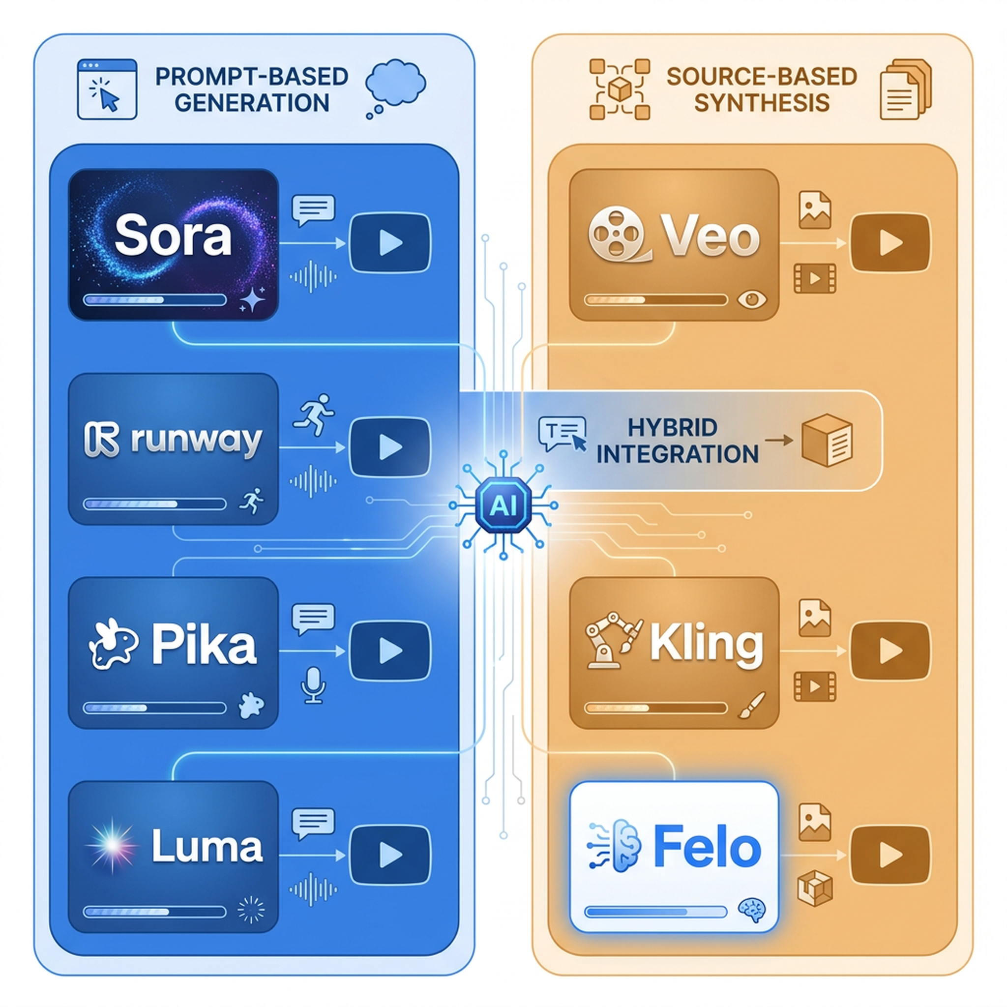 Lanskap perbandingan alat AI teks-ke-video yang menampilkan pendekatan berbasis prompt vs berbasis sumber
