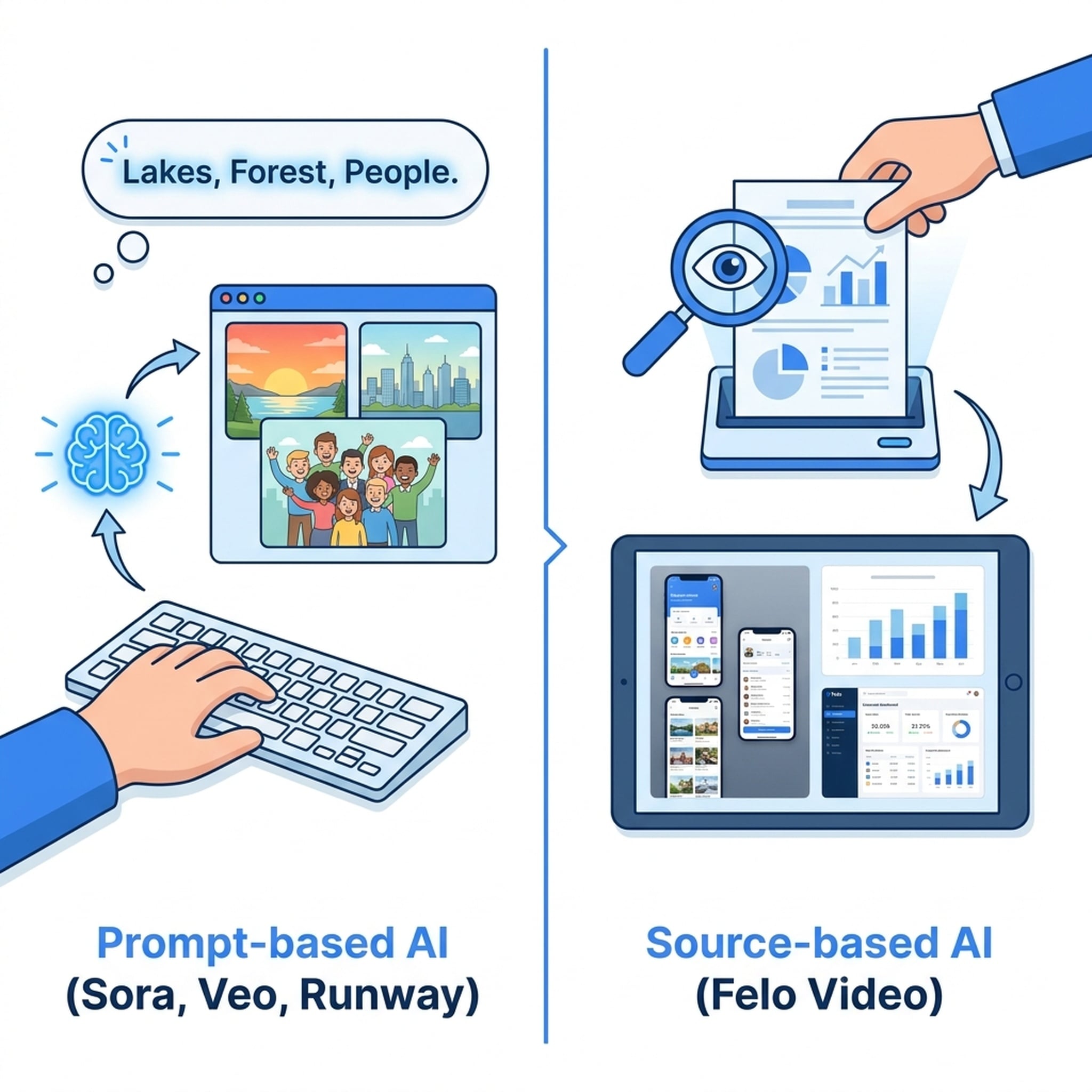 Perbandingan AI teks-ke-video berbasis prompt versus generasi video berbasis sumber
