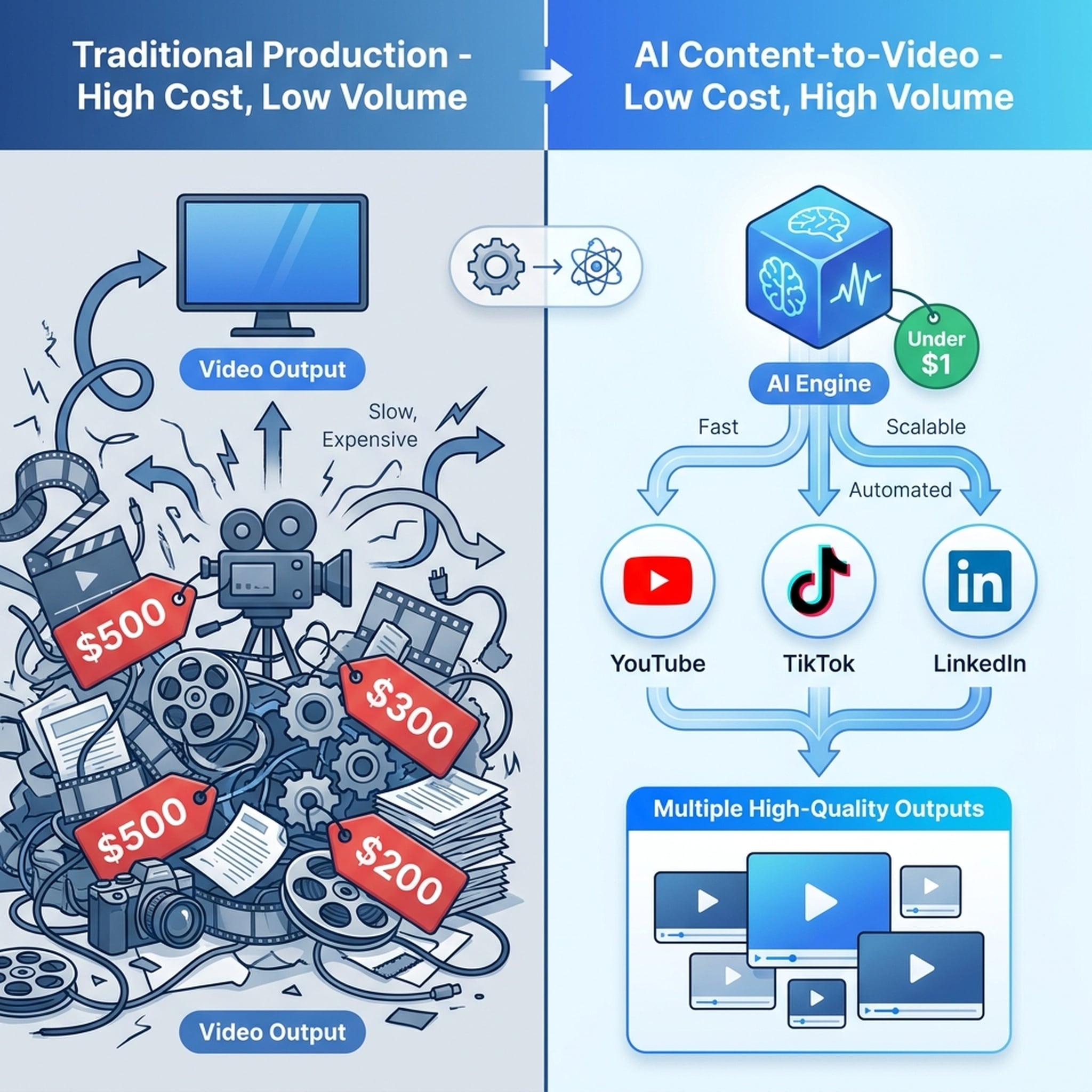 Perbandingan: produksi video tunggal berbiaya tinggi tradisional vs. pendekatan konten-ke-video berbiaya rendah dan volume tinggi dari Felo Video untuk berbagai platform