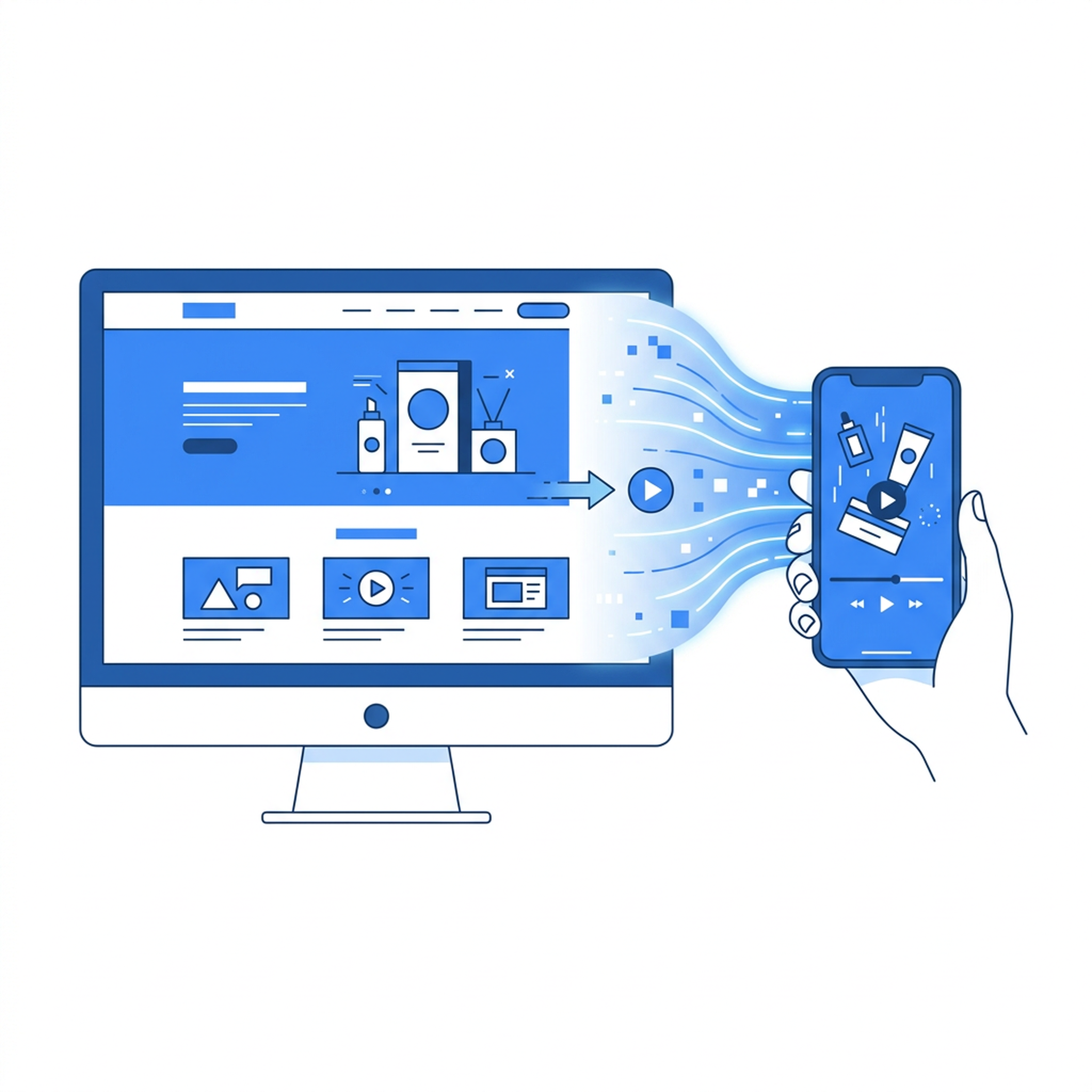 A product website or landing page transforming into a polished promotional video on a desktop monitor