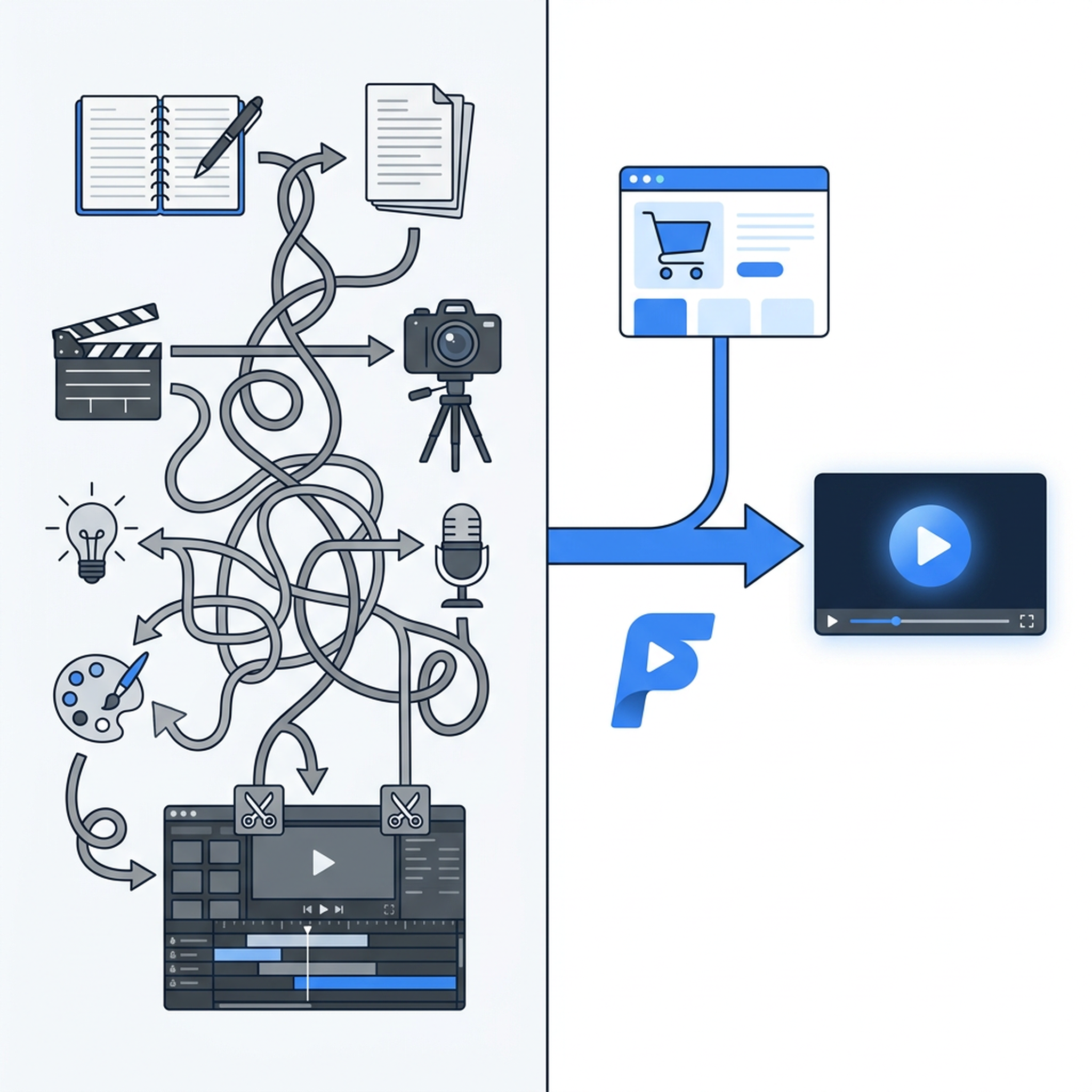 A messy multi-step traditional video production workflow versus Felo Video's clean single-step approach from product website to finished video
