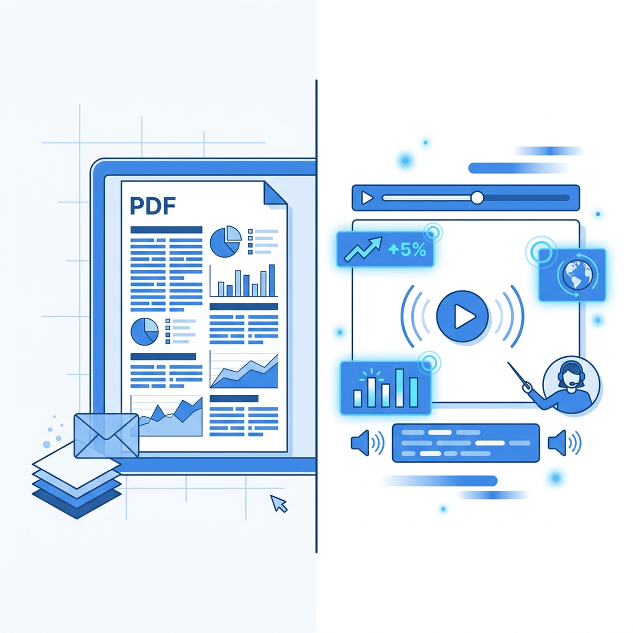 Perbandingan laporan PDF statis dengan video ringkasan animasi yang menyorot data dan grafik