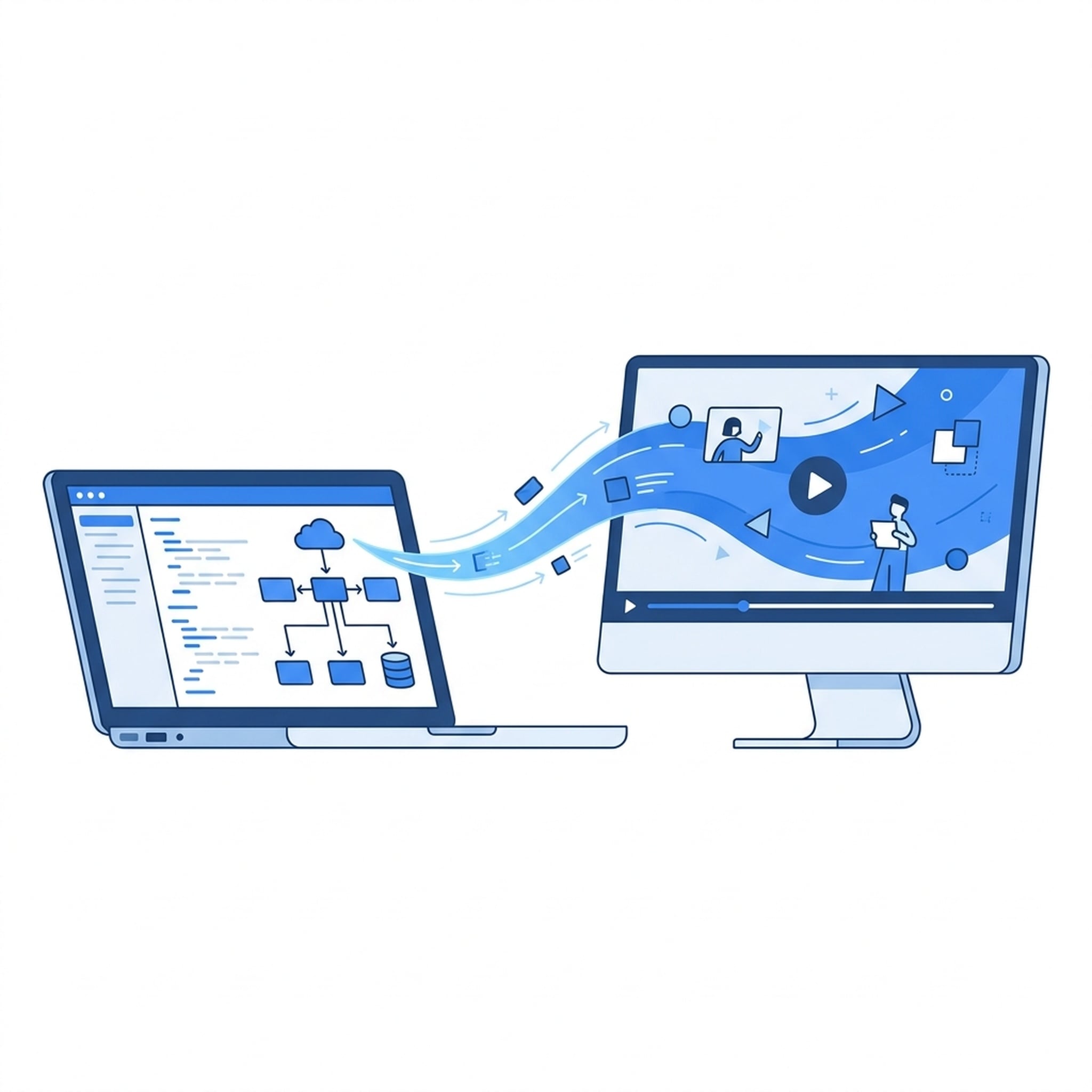 Technical documentation with code snippets and architecture diagrams transforming into an engaging explainer video