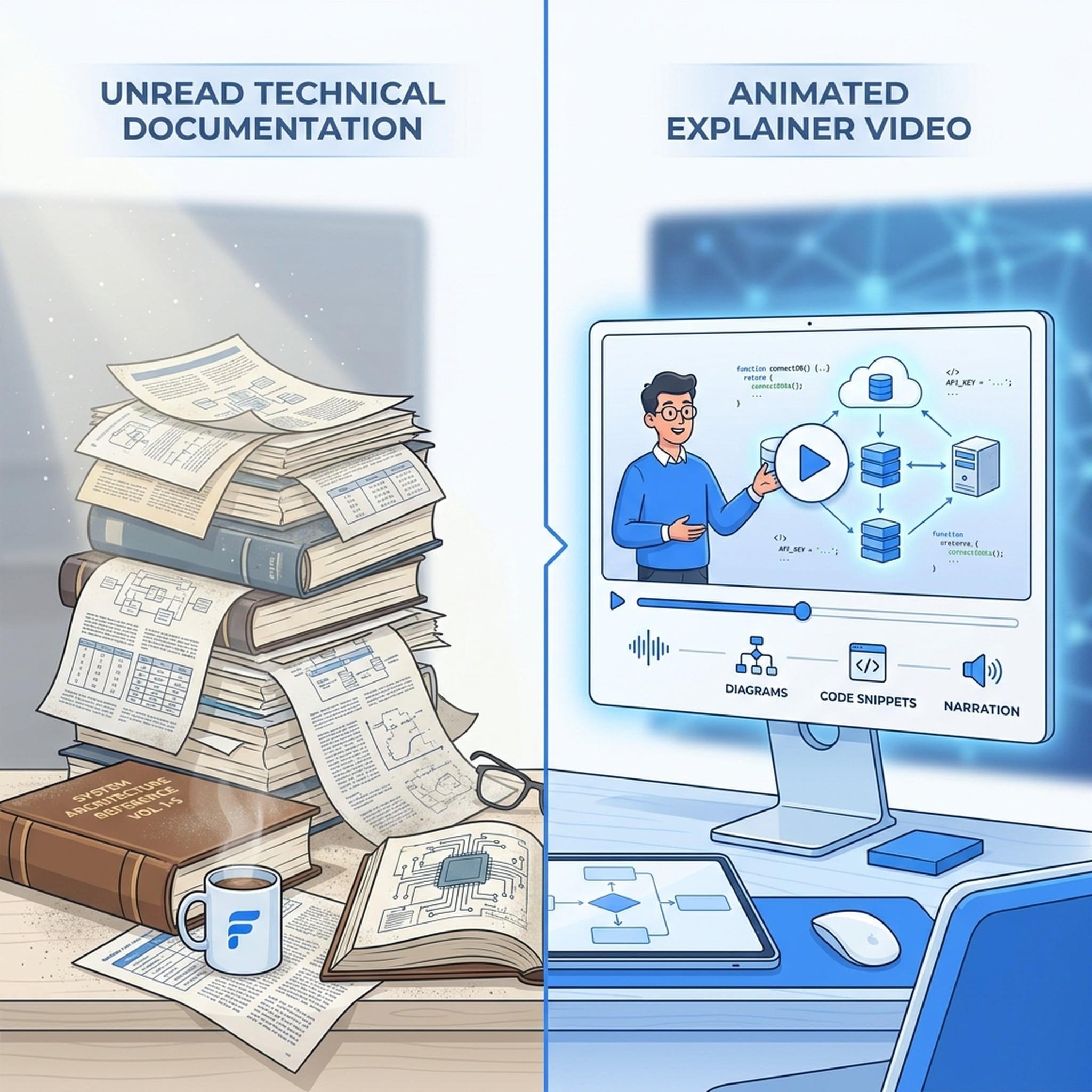 Comparing dense technical documentation versus an animated explainer video with code snippets and diagrams