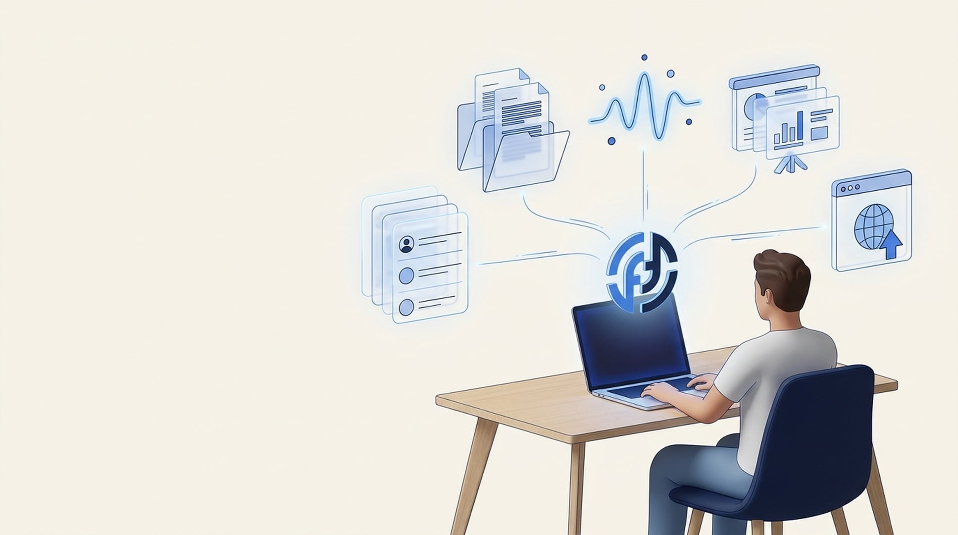 Illustration of one AI agent connected to team knowledge, live signals, research, presentations, and web pages