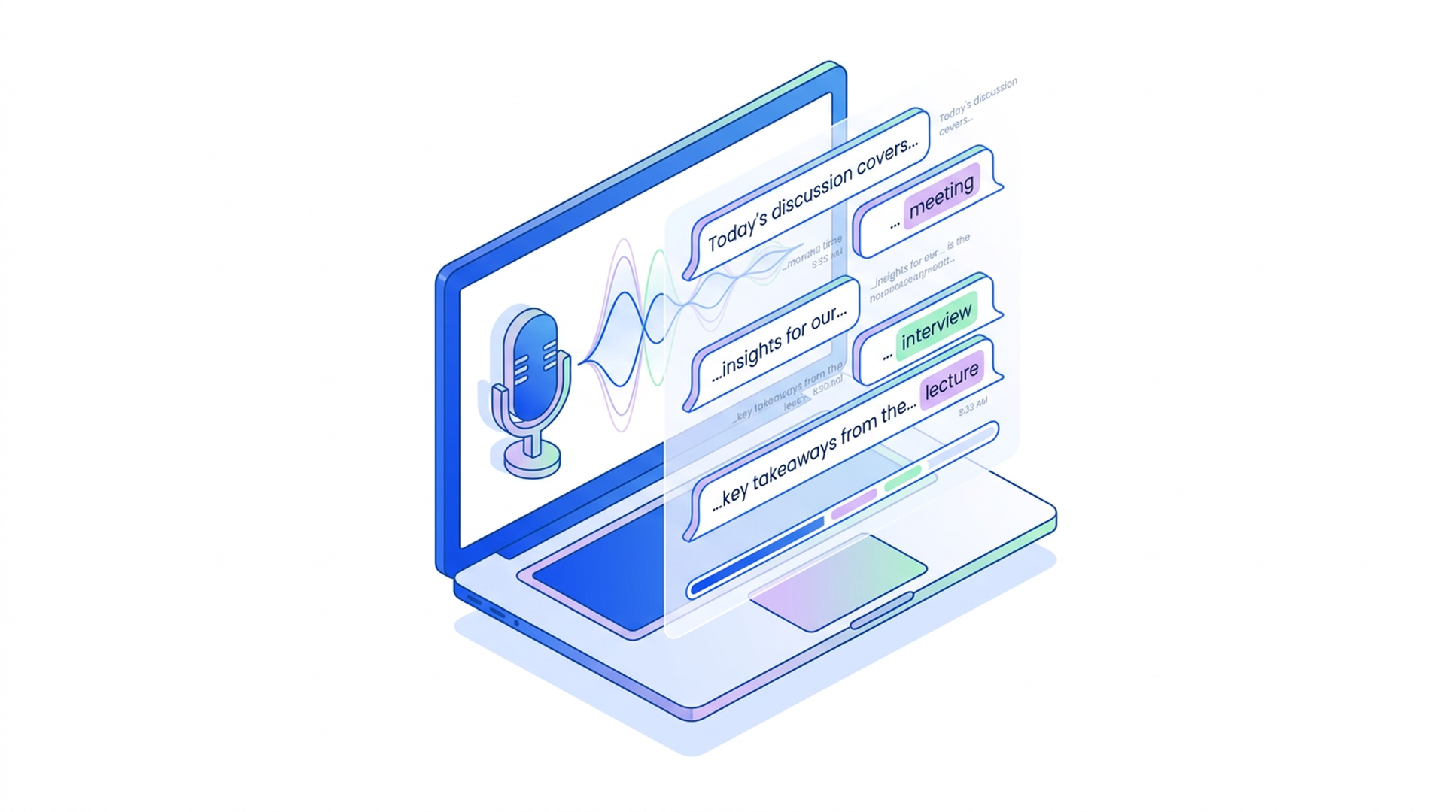 Trascrizione voce-testo in tempo reale su un laptop con onde sonore a sinistra e bolle di testo in tempo reale a destra, nella palette blu Felo