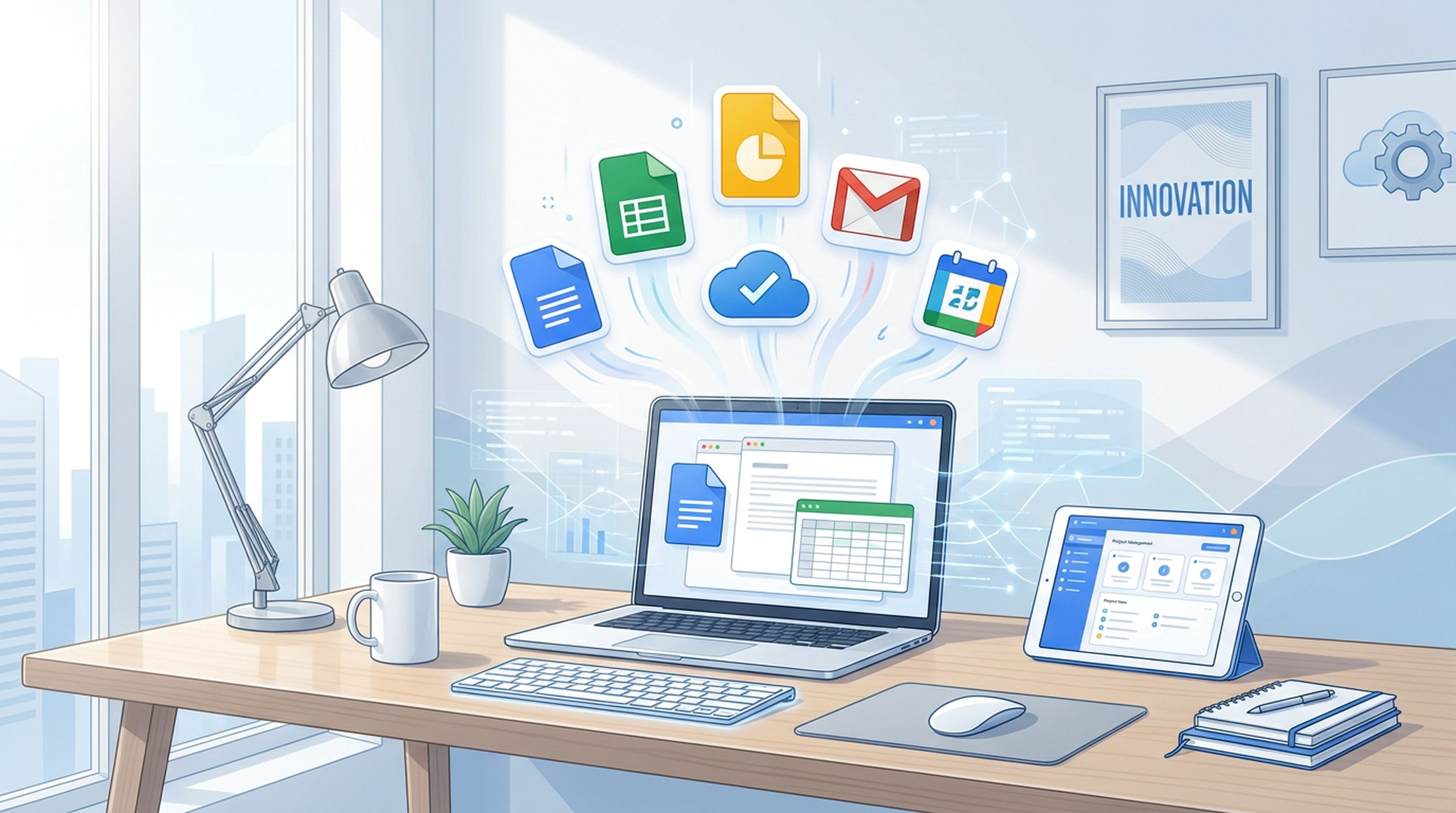 Google Antigravity Skills 2026 - A modern workspace where documents, coffee cups, and sticky notes float weightlessly above a desk with a laptop showing Google Workspace.