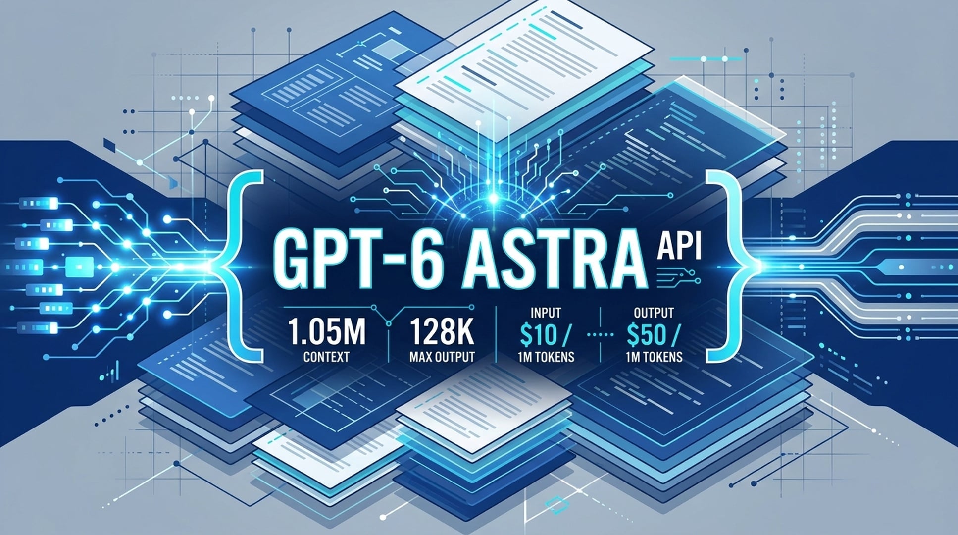 GPT-6 Astra API infographic cover showing 1.05M context, 128K max output, $10 input, and $50 output