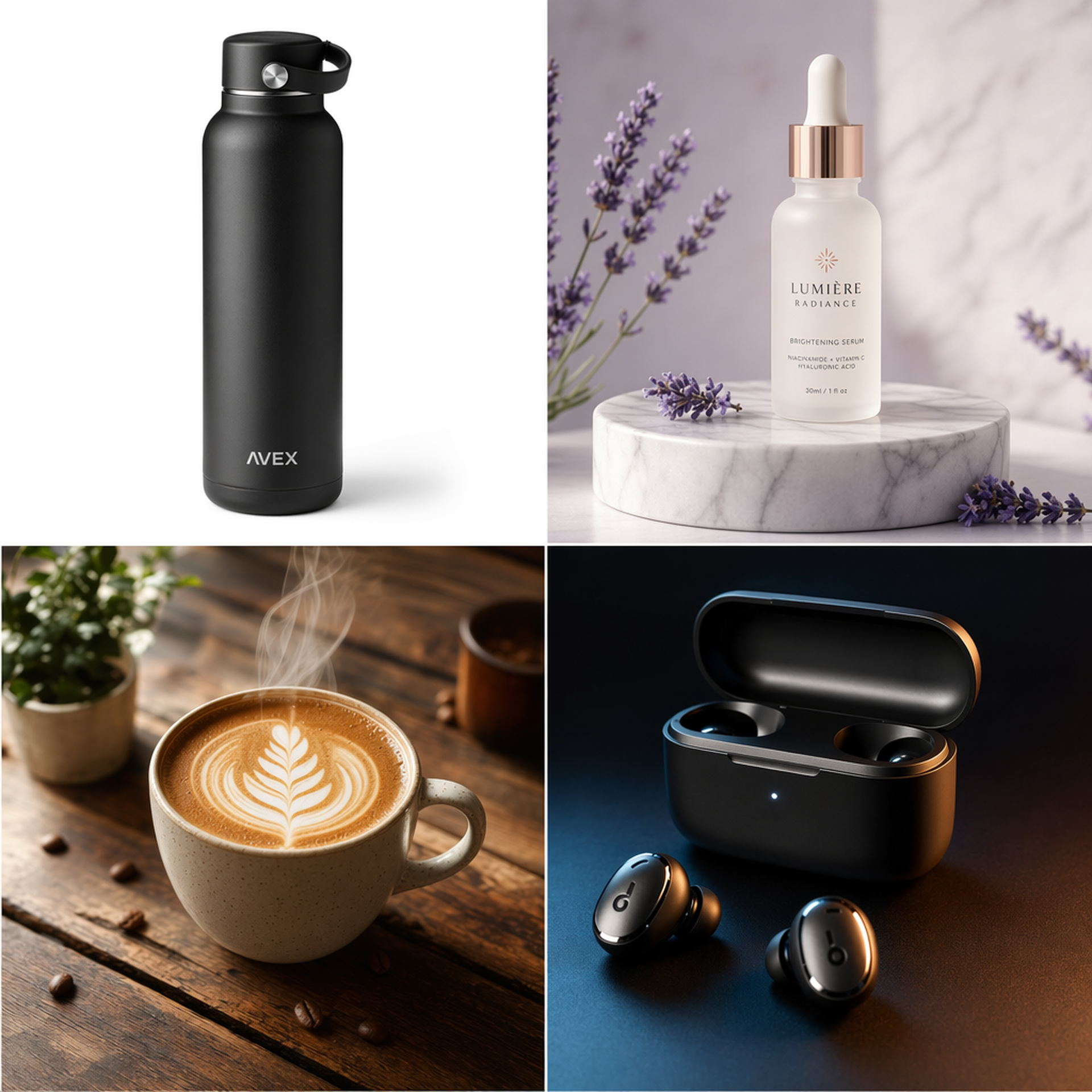 ई-कॉमर्स उत्पाद फ़ोटोग्राफ़ी के उदाहरण — पानी की बोतल, स्किनकेयर, लाटे, ईयरबड्स
