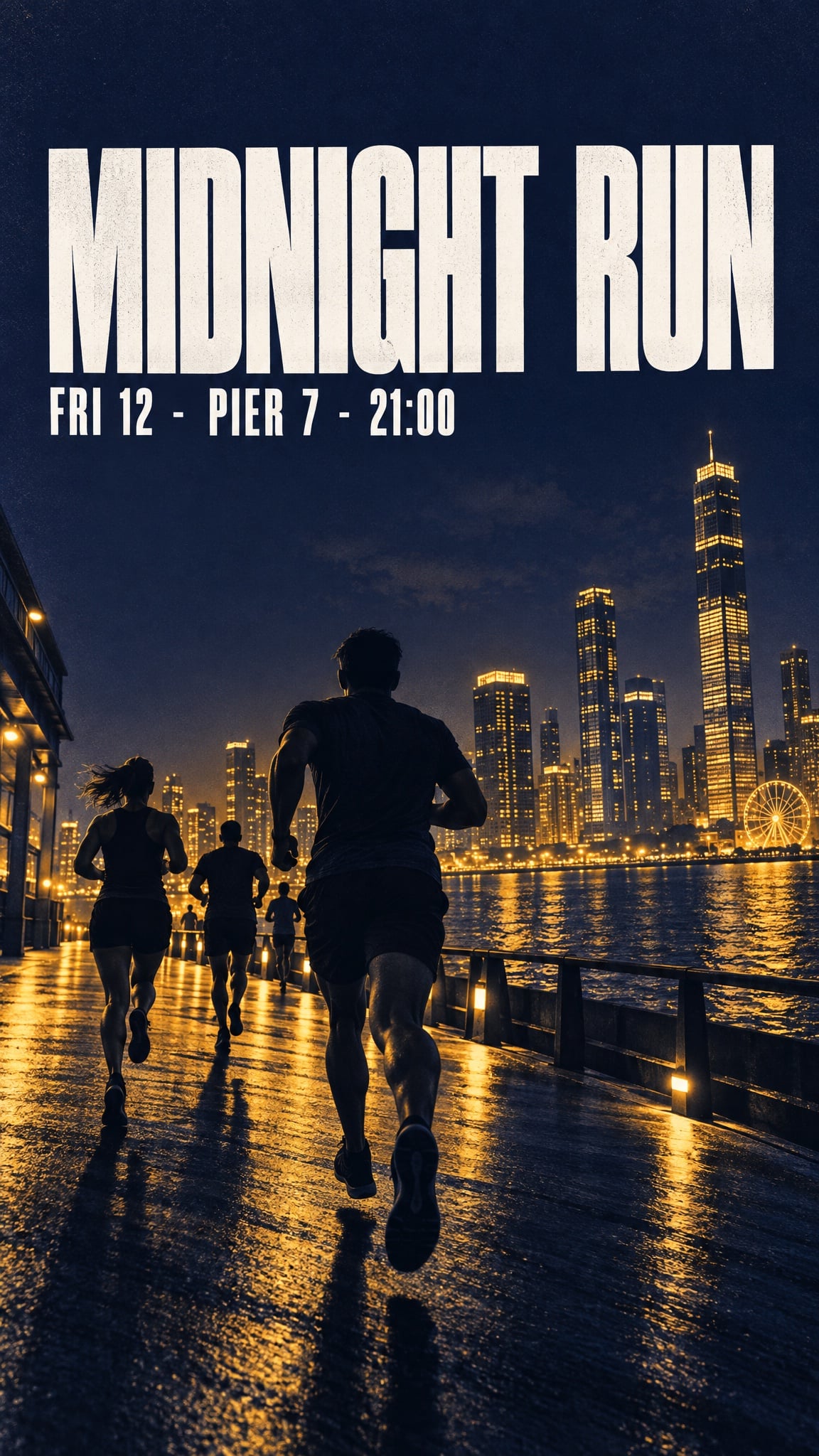 GPT-Image 2.5で生成したイベントポスター。見出しMIDNIGHT RUNとサブラインFRI 12, PIER 7, 21:00が明瞭