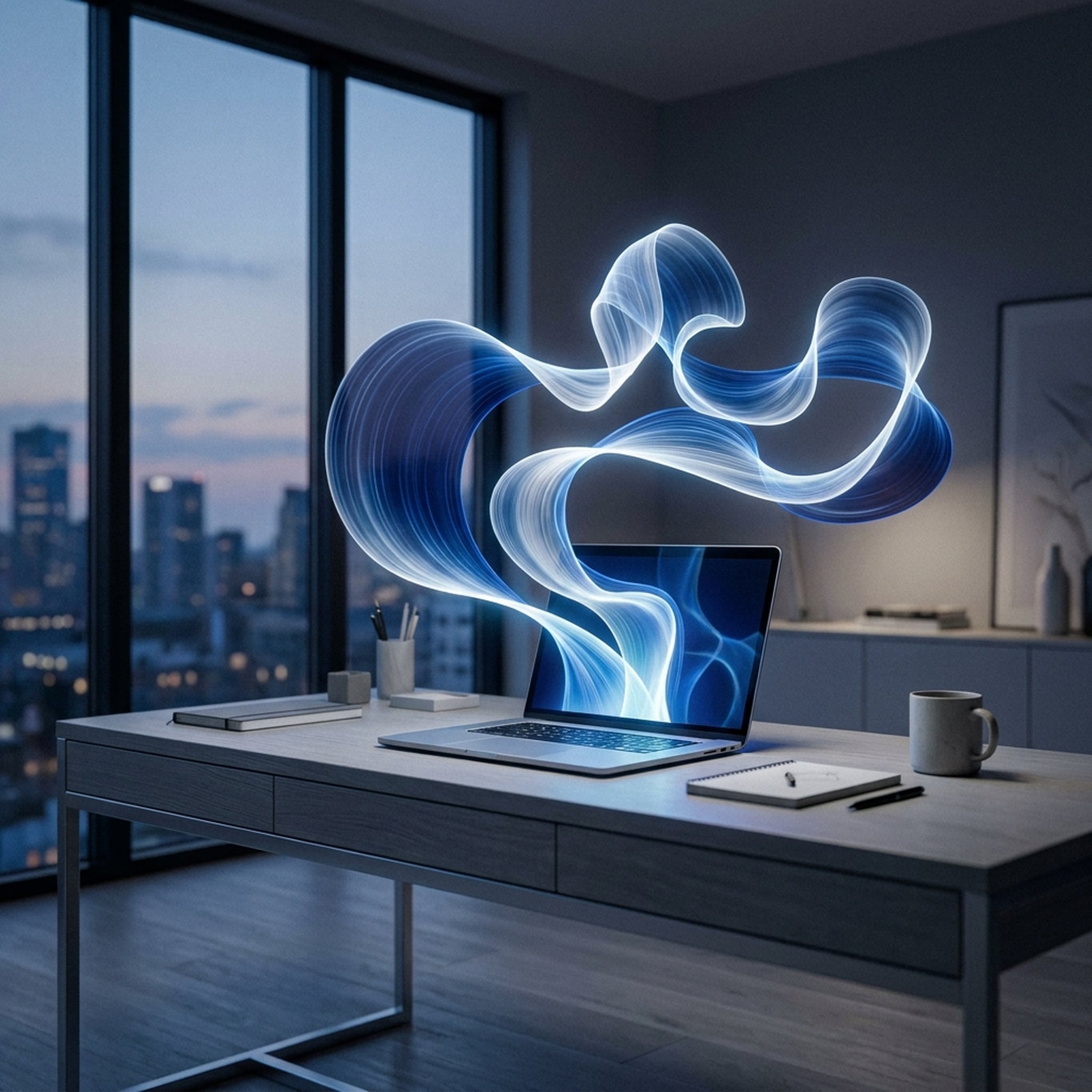 Grok Imagine 2.0 cover: a designer's desk where a glowing image comes alive — cinematic, blue-and-white Felo palette