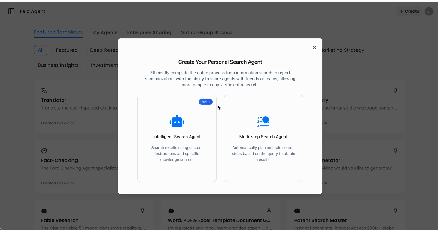 Creating a new agent in the Felo Agent workspace