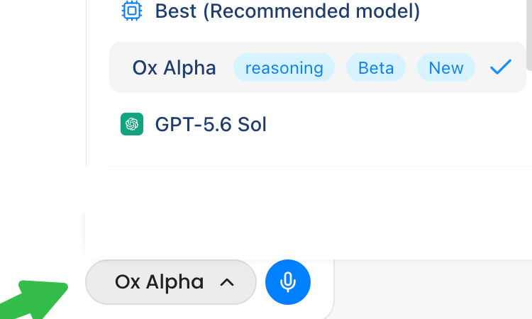 Felo Search model panel with Ox Alpha selected, opened from the model switcher next to the mic button