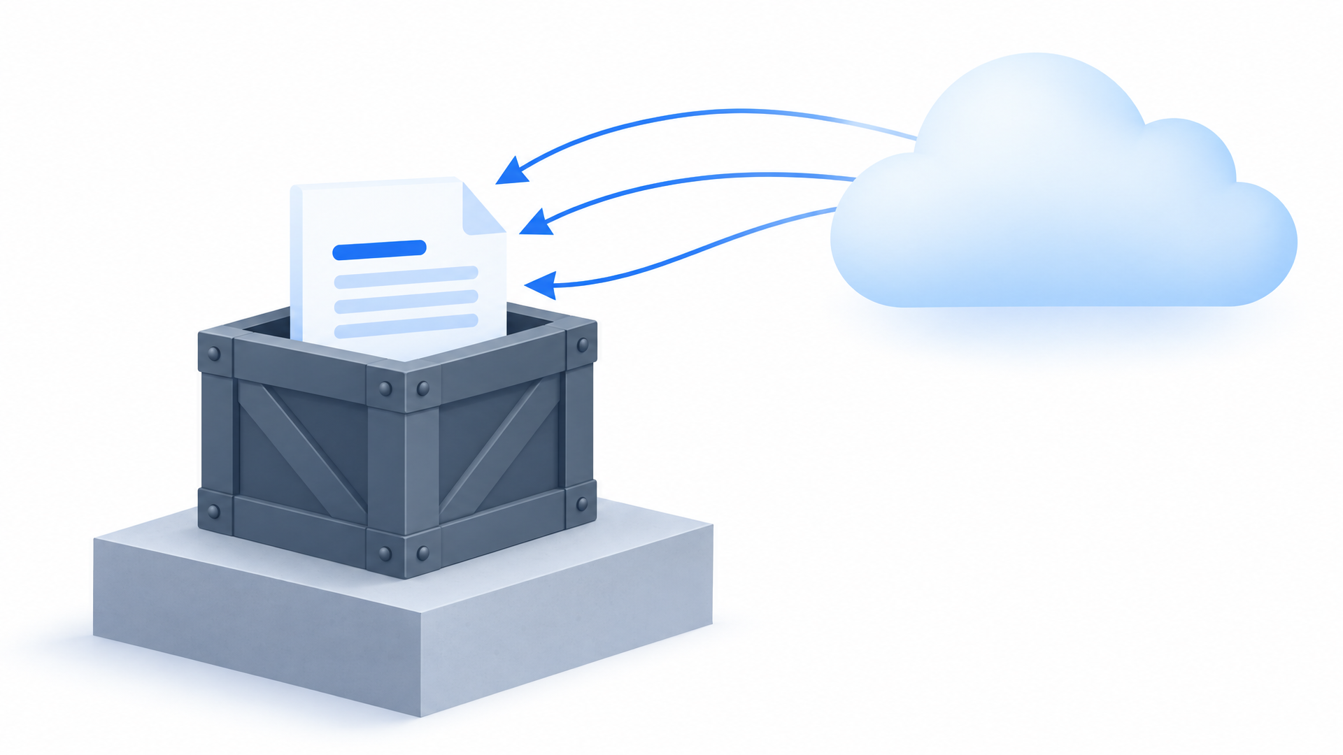 Cover: a document locked in a crate on the left while thin arrows flow in from a cloud on the right, nothing flowing back out