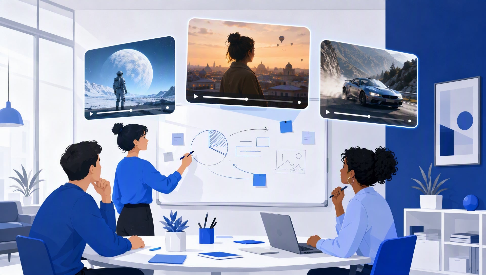 マーケティングチーム向けAI動画ジェネレーター — ホワイトボードの上に動画コンセプトクリップが浮かぶマーケティングチーム