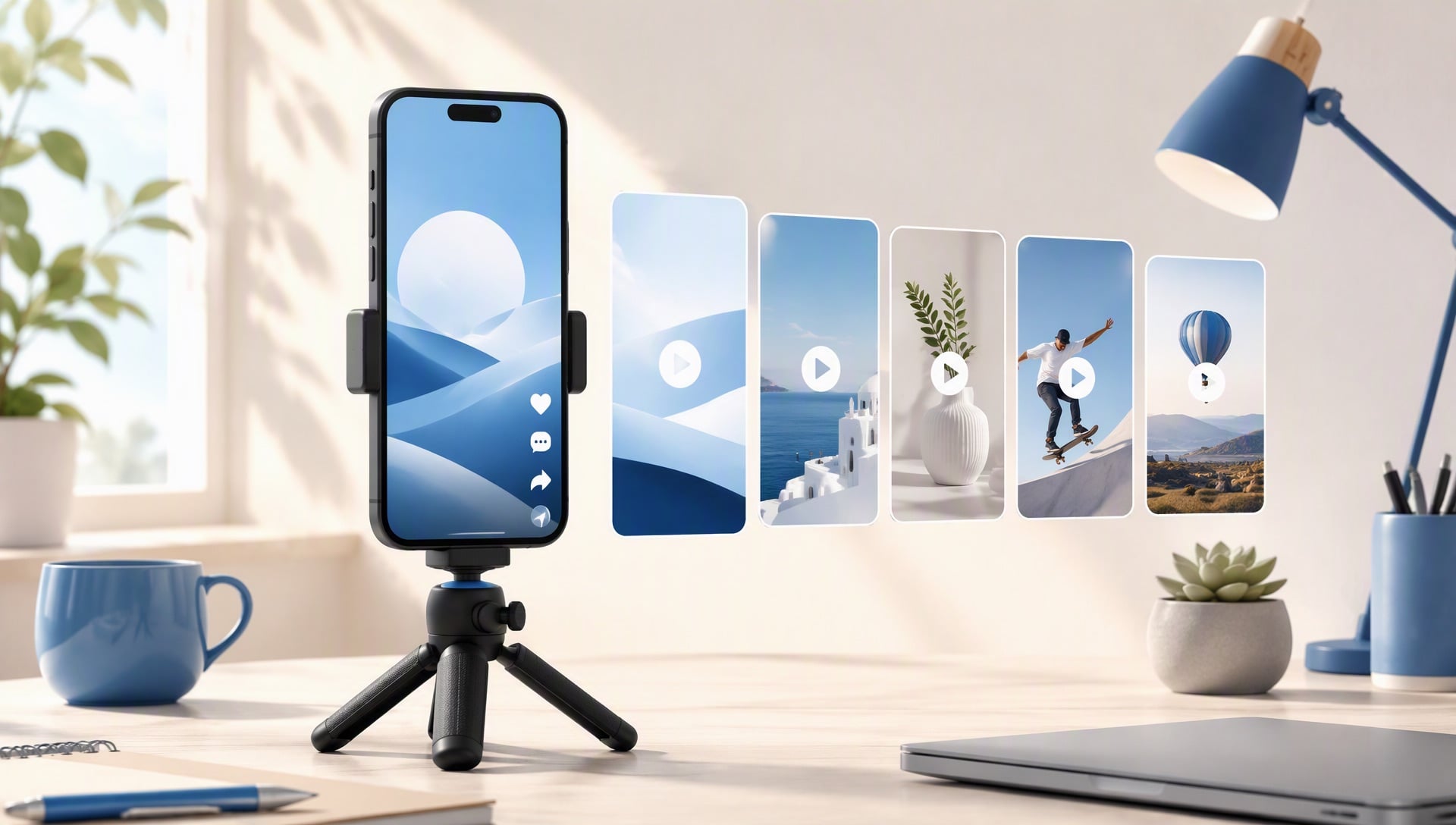 AI動画ジェネレーター for TikTok & social — 三脚にスマートフォン、横に5つの縦型フッククリップカードが並ぶ