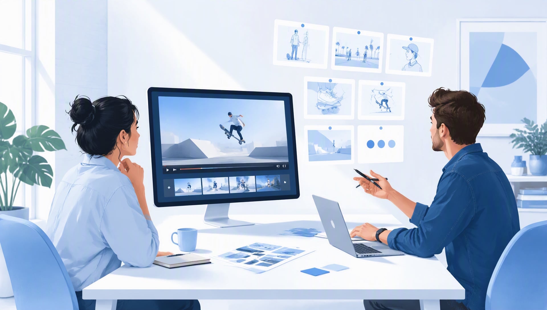 AI video generator for advertising — an agency creative review with a concept clip on screen and storyboard cards floating above the table