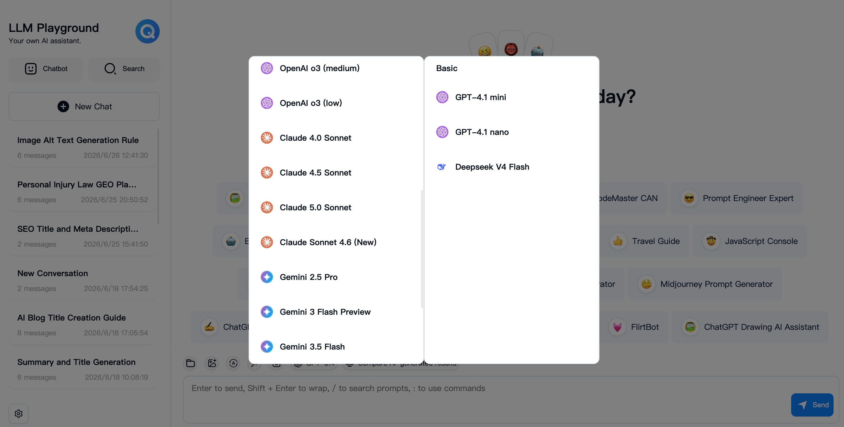 Felo Playground — Claude 5.0 Sonnet model selector