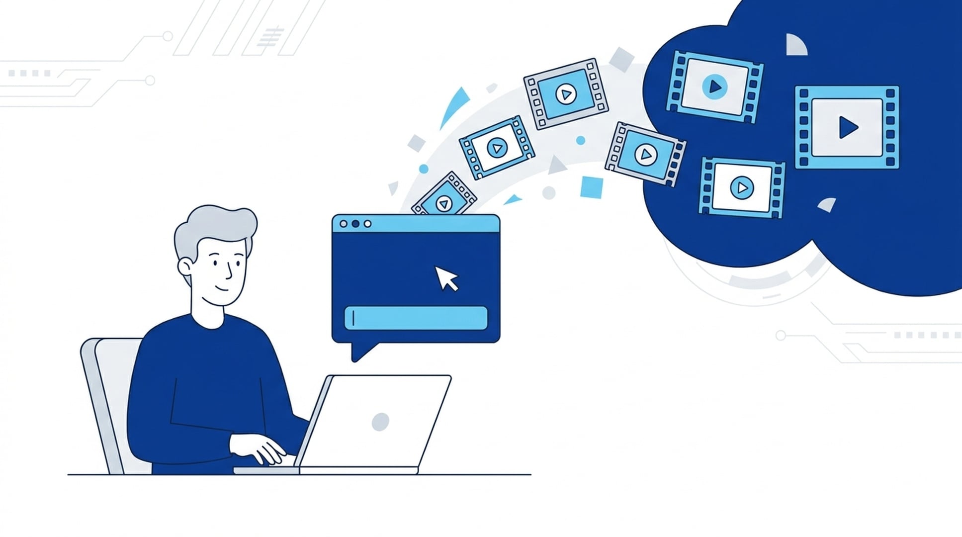 Felo video agent cover: a person typing into a chat window while finished video clips float out of the screen
