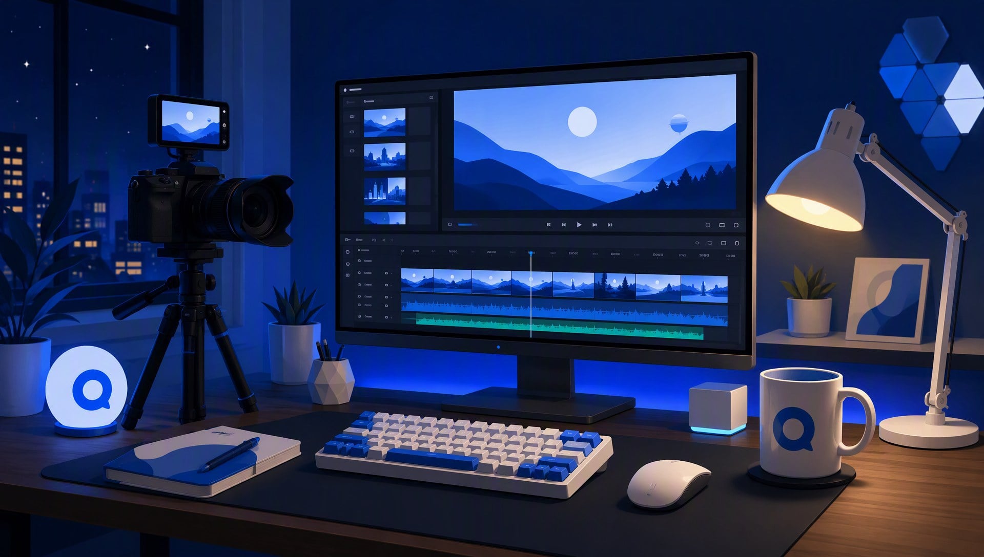 AI video generator for YouTube creators — creator's desk with camera rig and monitor showing an AI video timeline